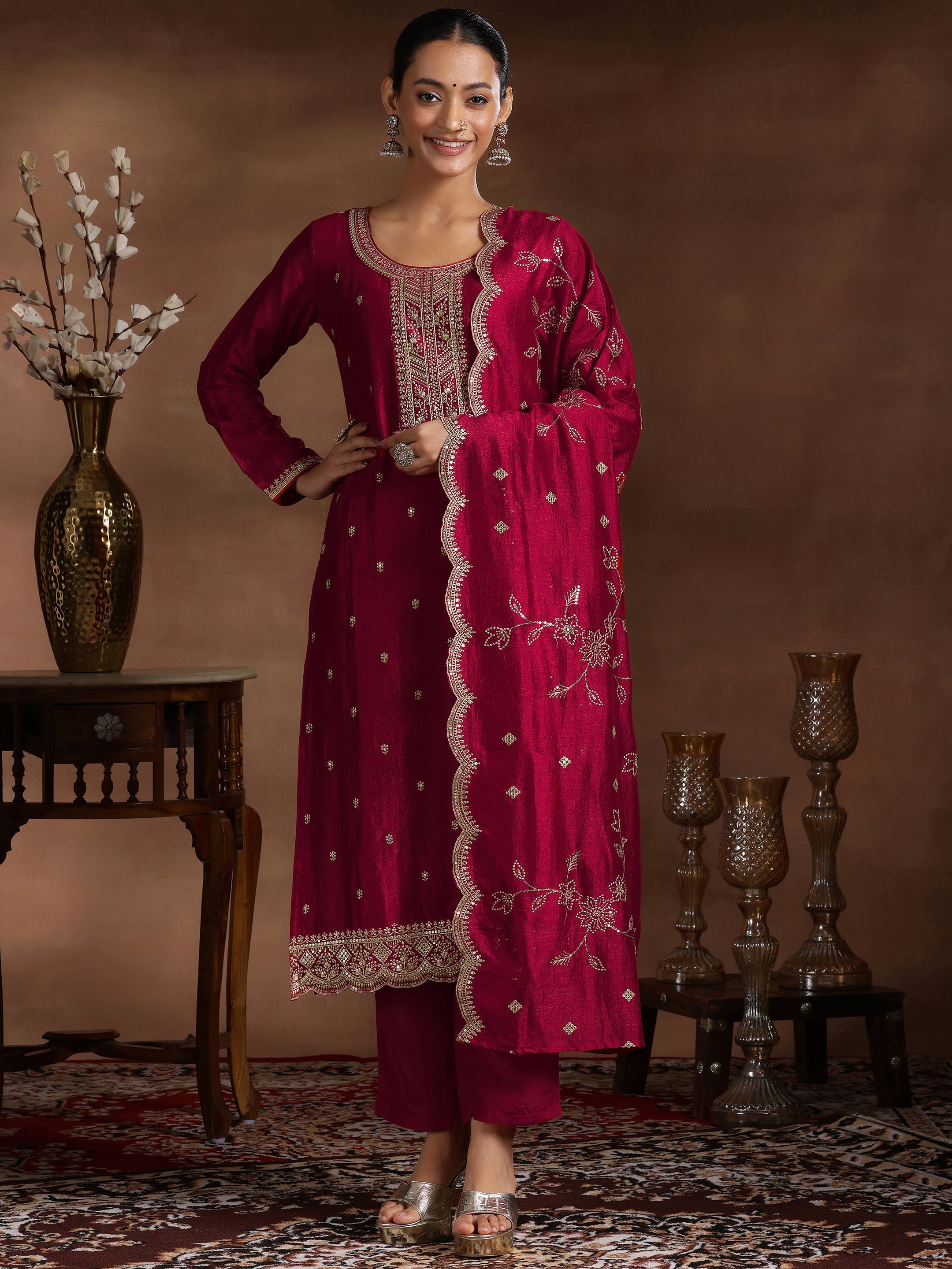 Red Embroidered Silk Blend Straight Suit With Dupatta