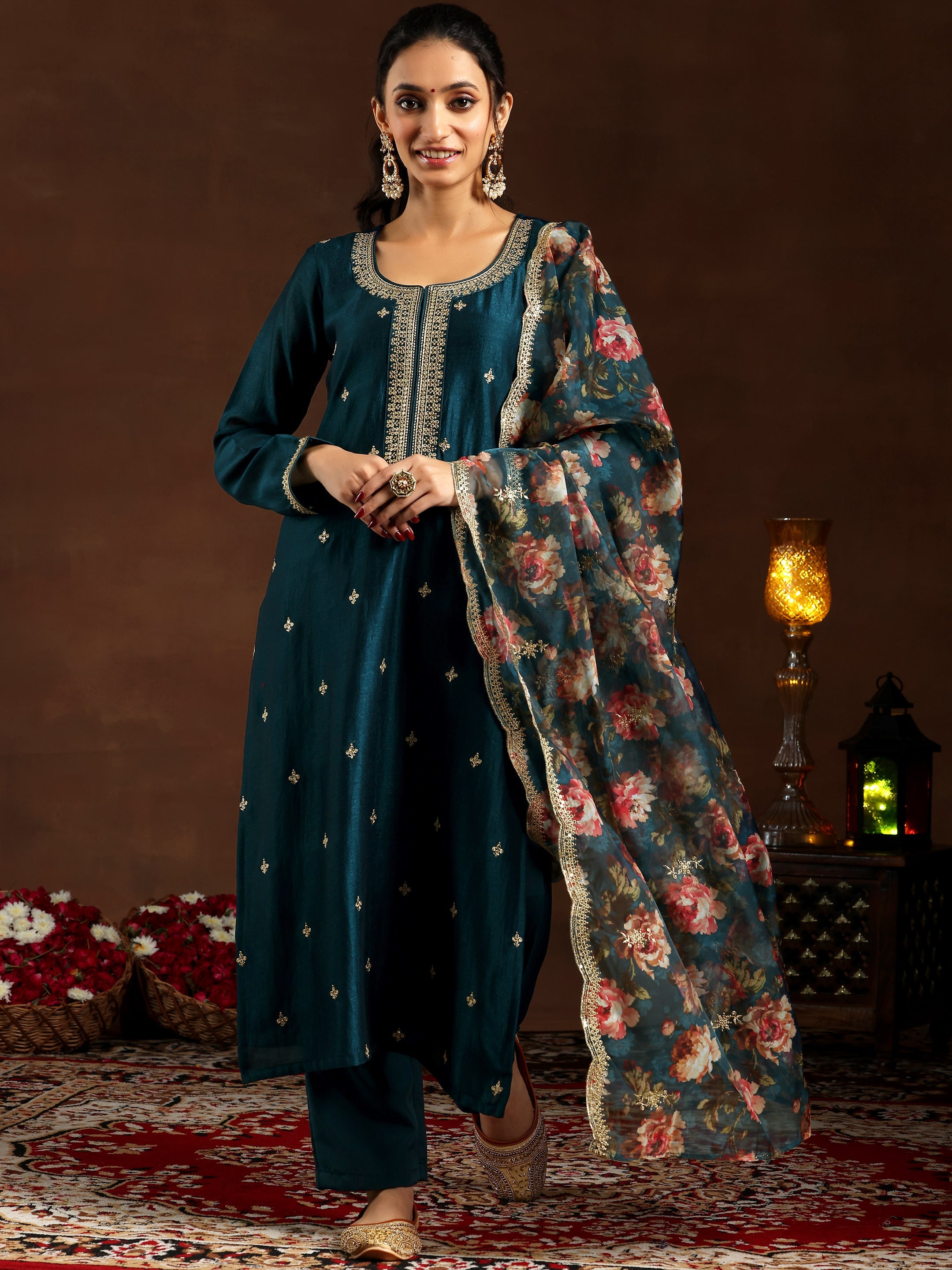 Teal Embroidered Silk Blend Straight Suit With Dupatta