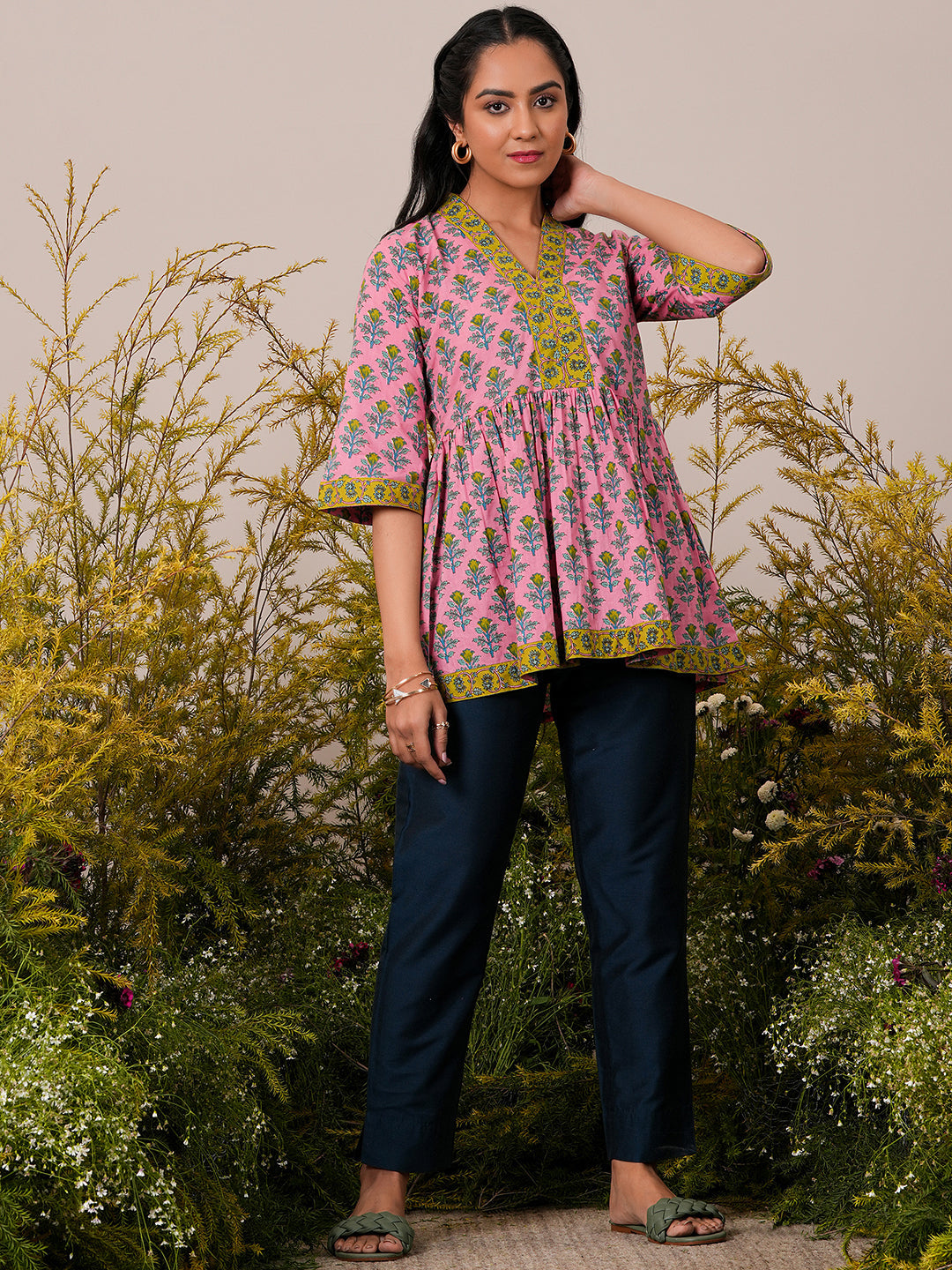 Pink Printed Cotton A-Line Kurti