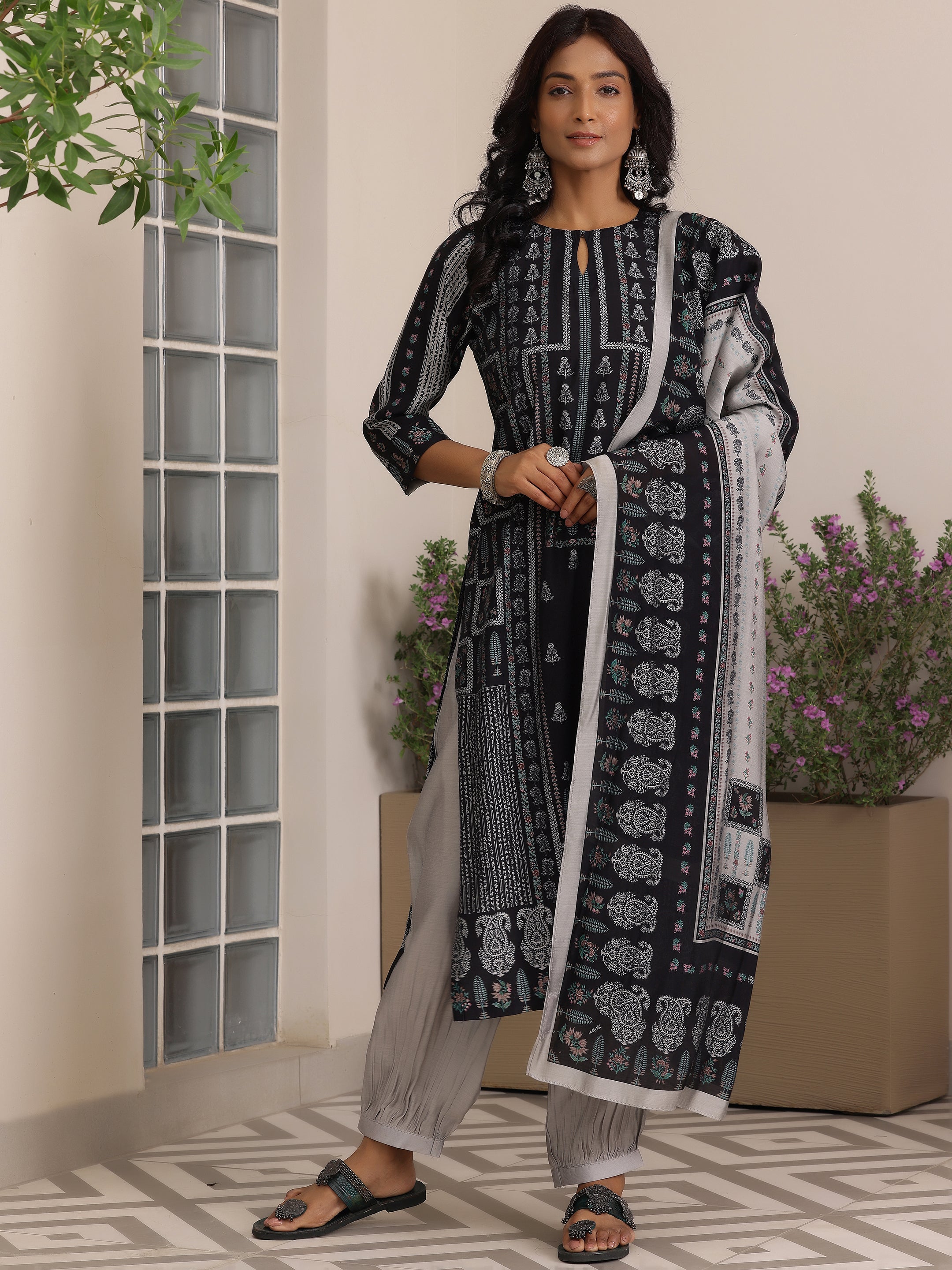 Black Printed Cotton Straight Suit With Dupatta