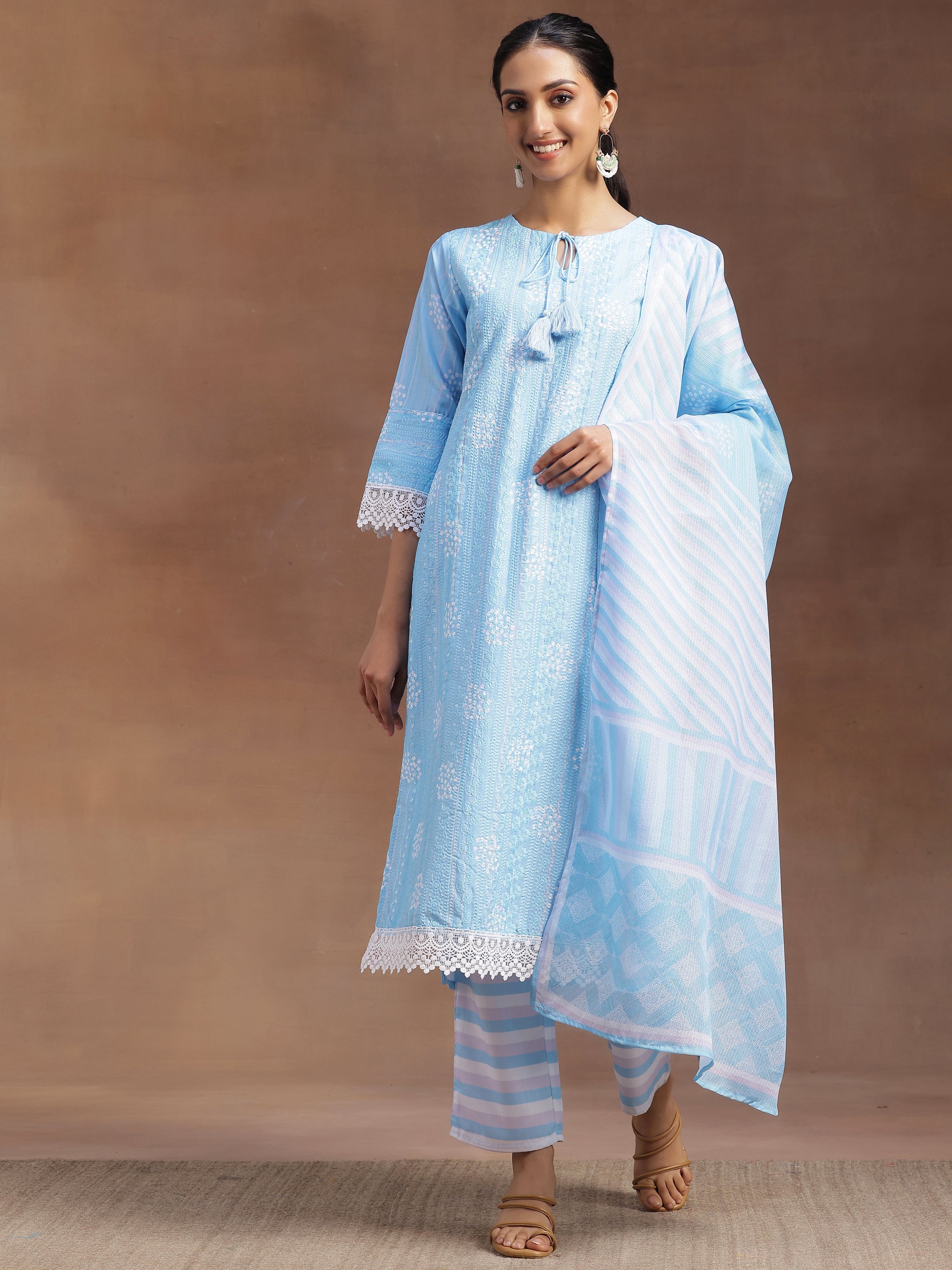 Blue Embroidered Cotton Blend Straight Suit With Dupatta