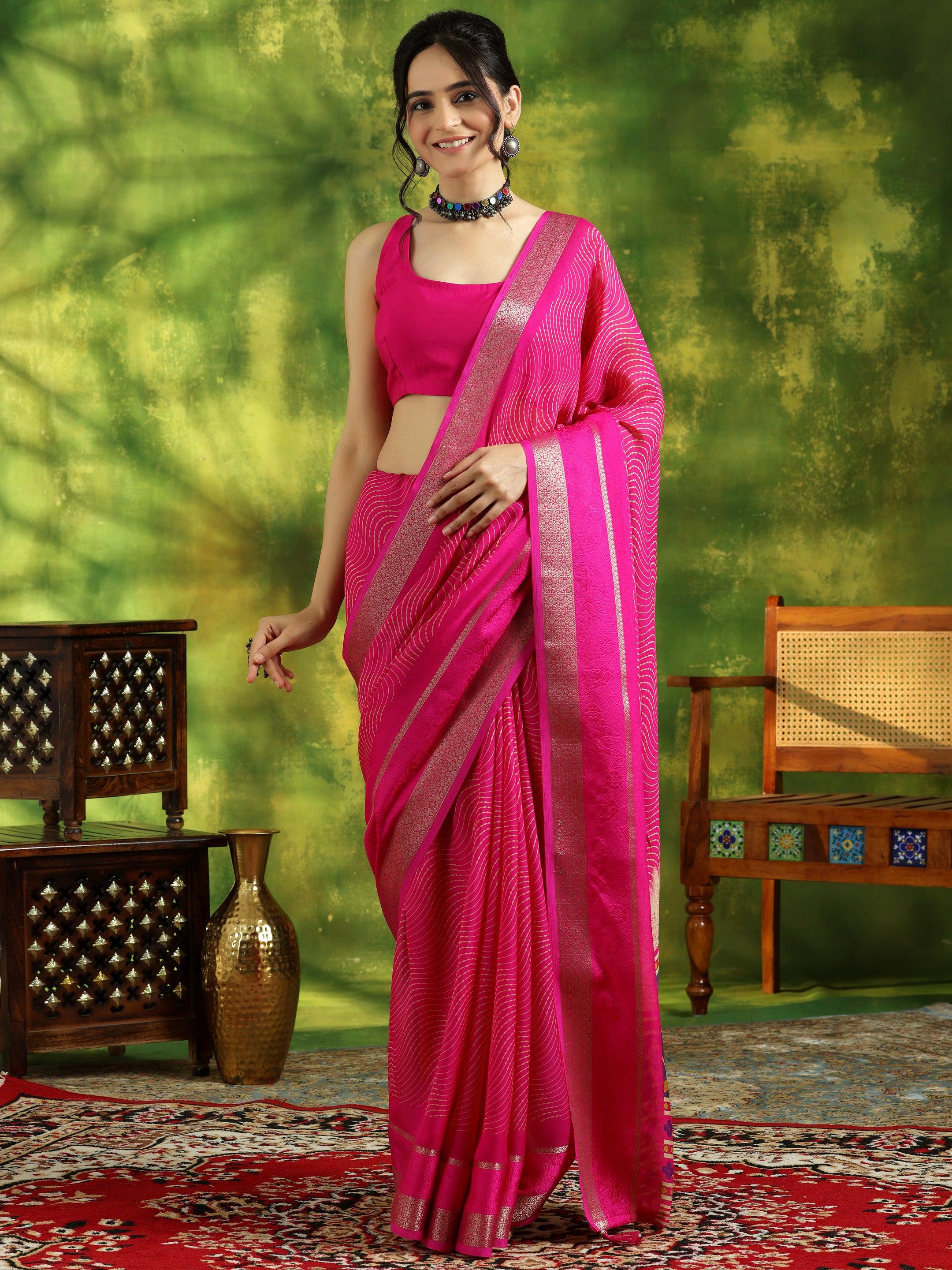 Pink Printed Silk Blend Saree With Unstitched Blouse Piece