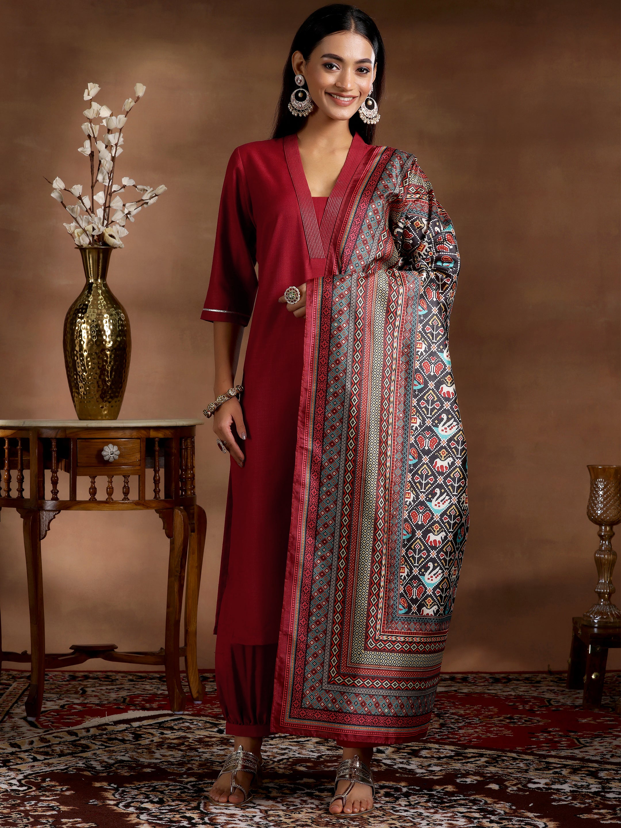 Maroon Solid Silk Blend Straight Suit With Dupatta