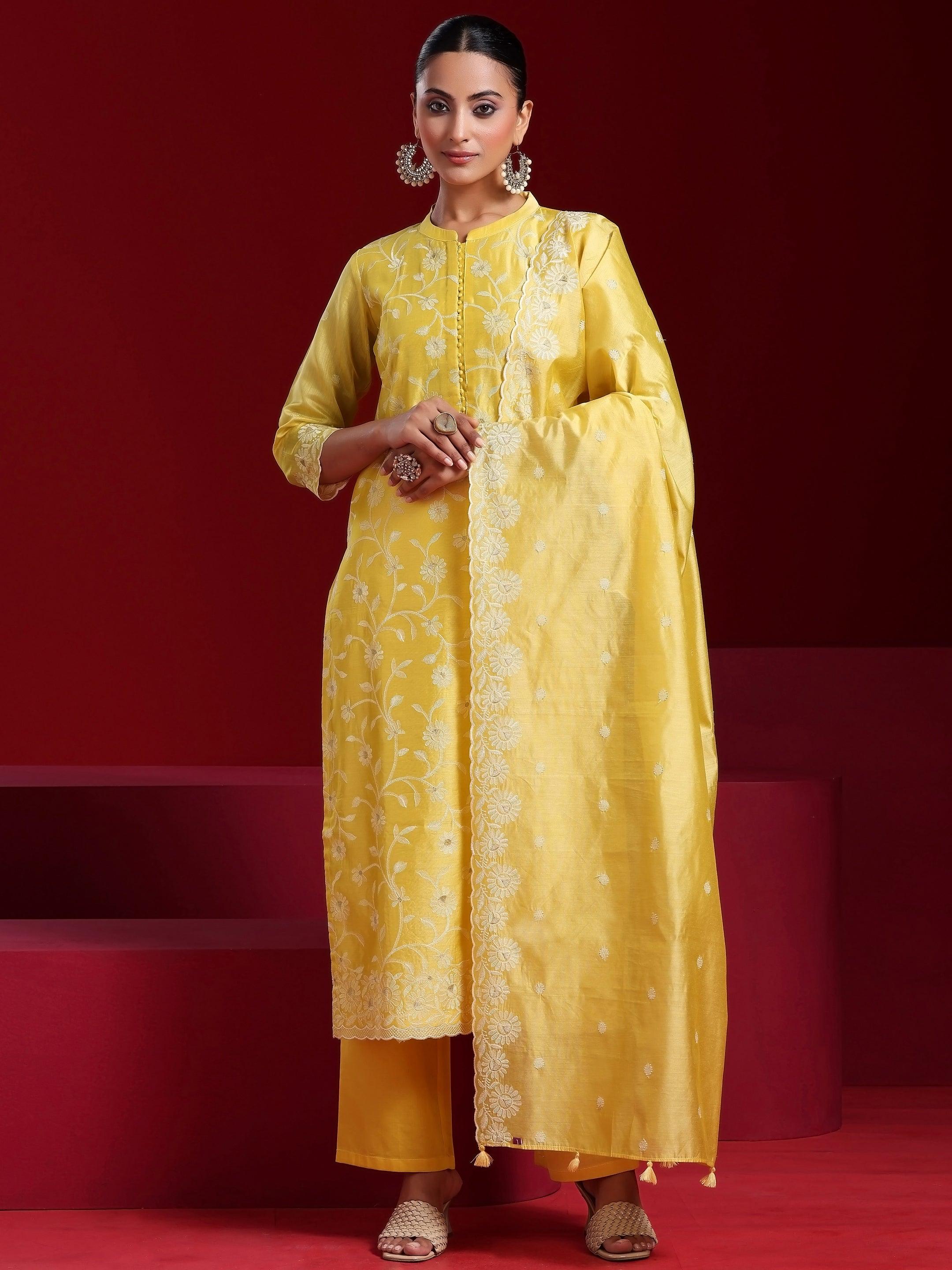 Libas Art Yellow Embroidered Chanderi Silk Straight Suit With Dupatta