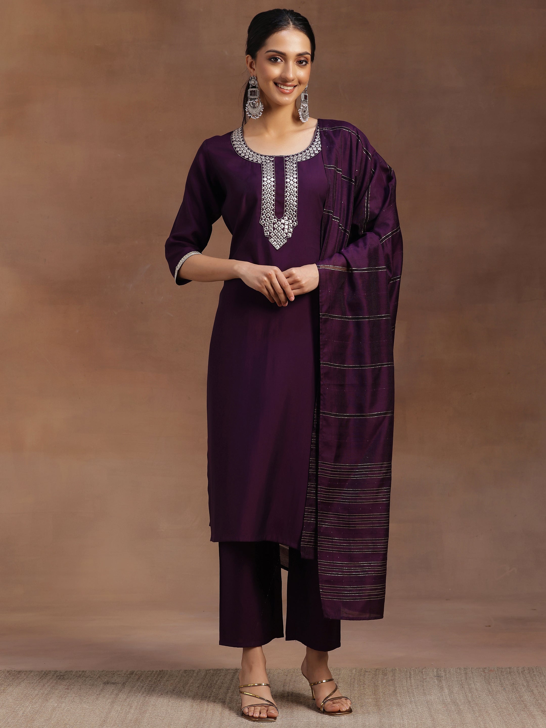 Purple Embroidered Silk Blend Straight Suit With Dupatta