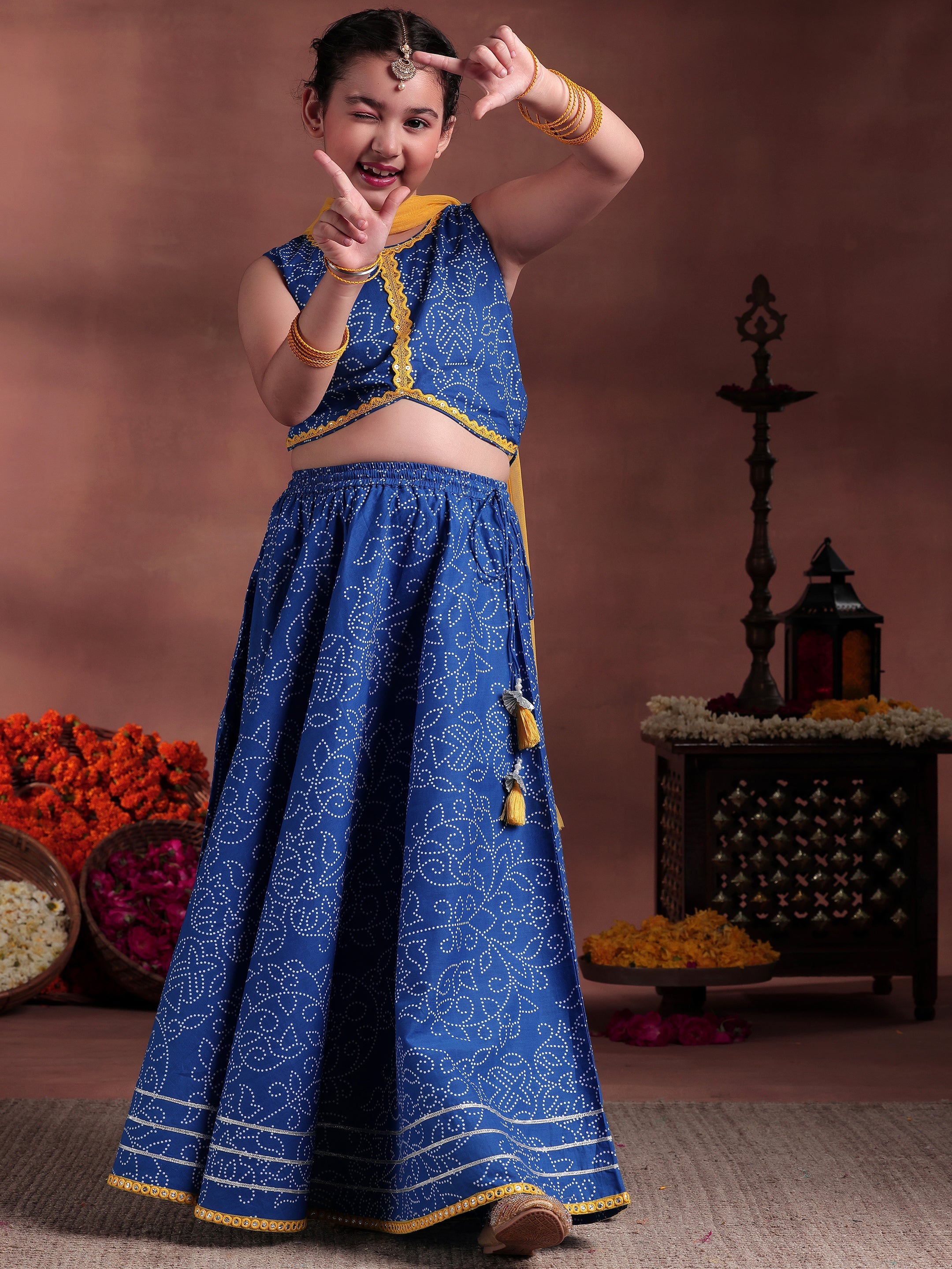 Kids Blue Printed Cotton Ready to Wear Lehenga Choli