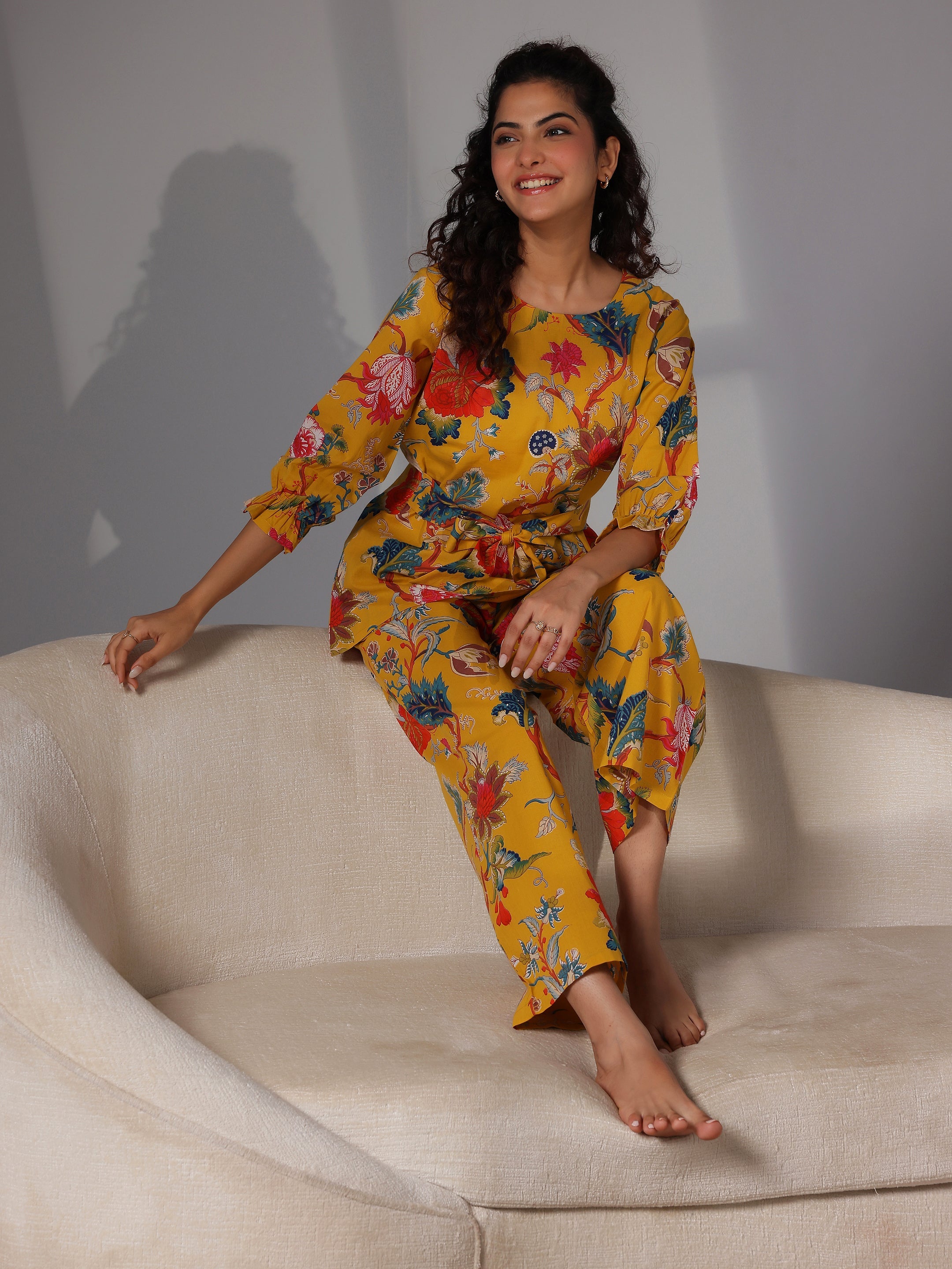 Mustard Printed Cotton Night Suits