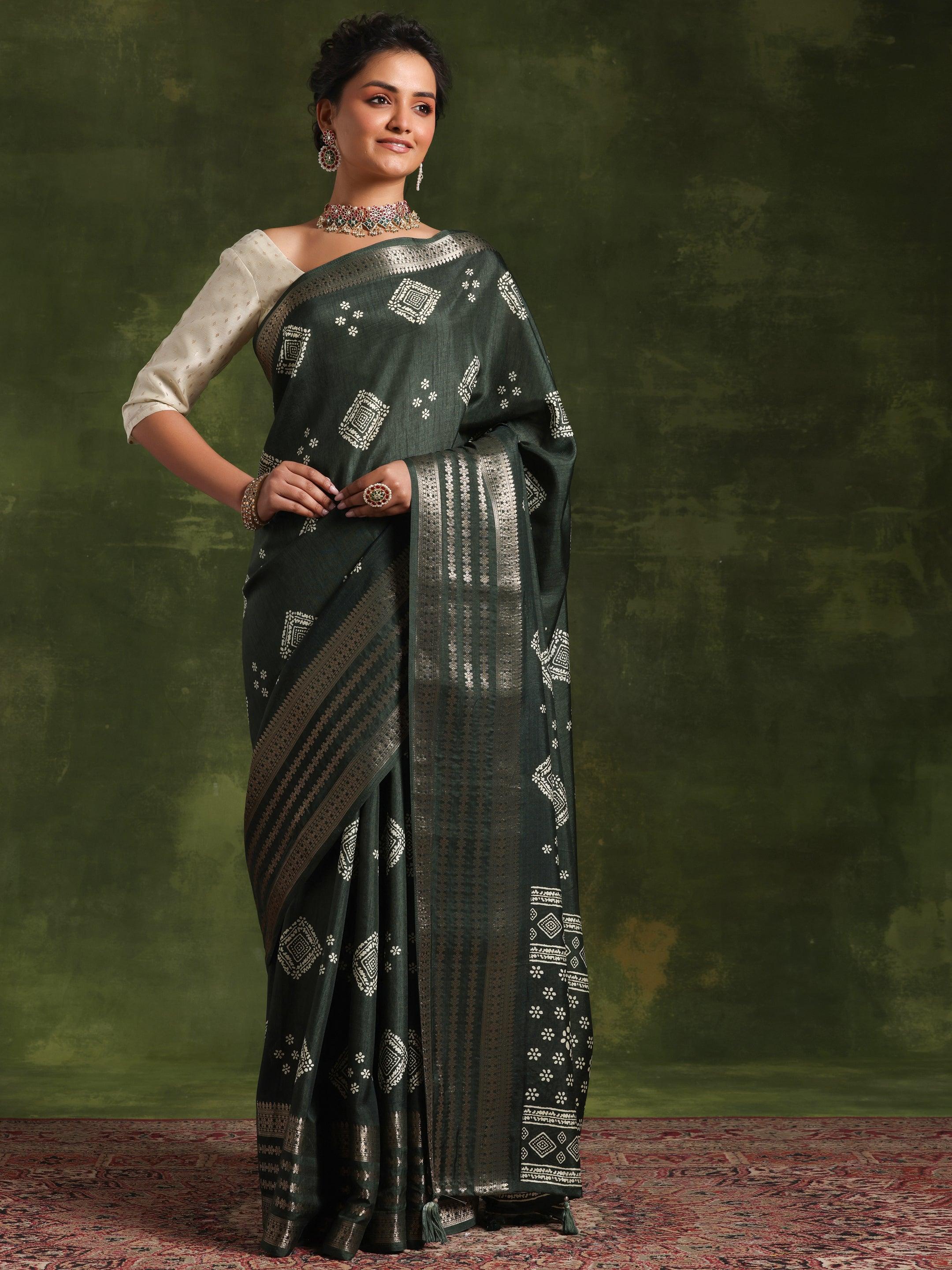 Green Printed Silk Blend Saree With Unstitched Blouse Piece