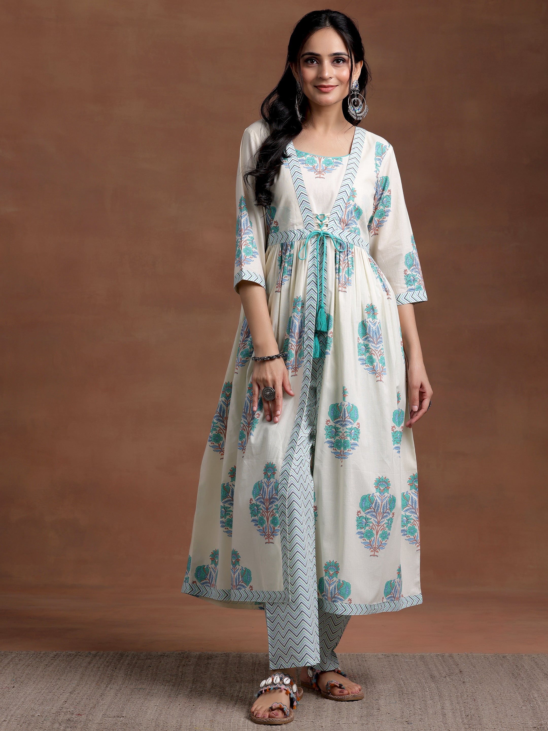 Off white Printed Cotton Straight Kurta Set