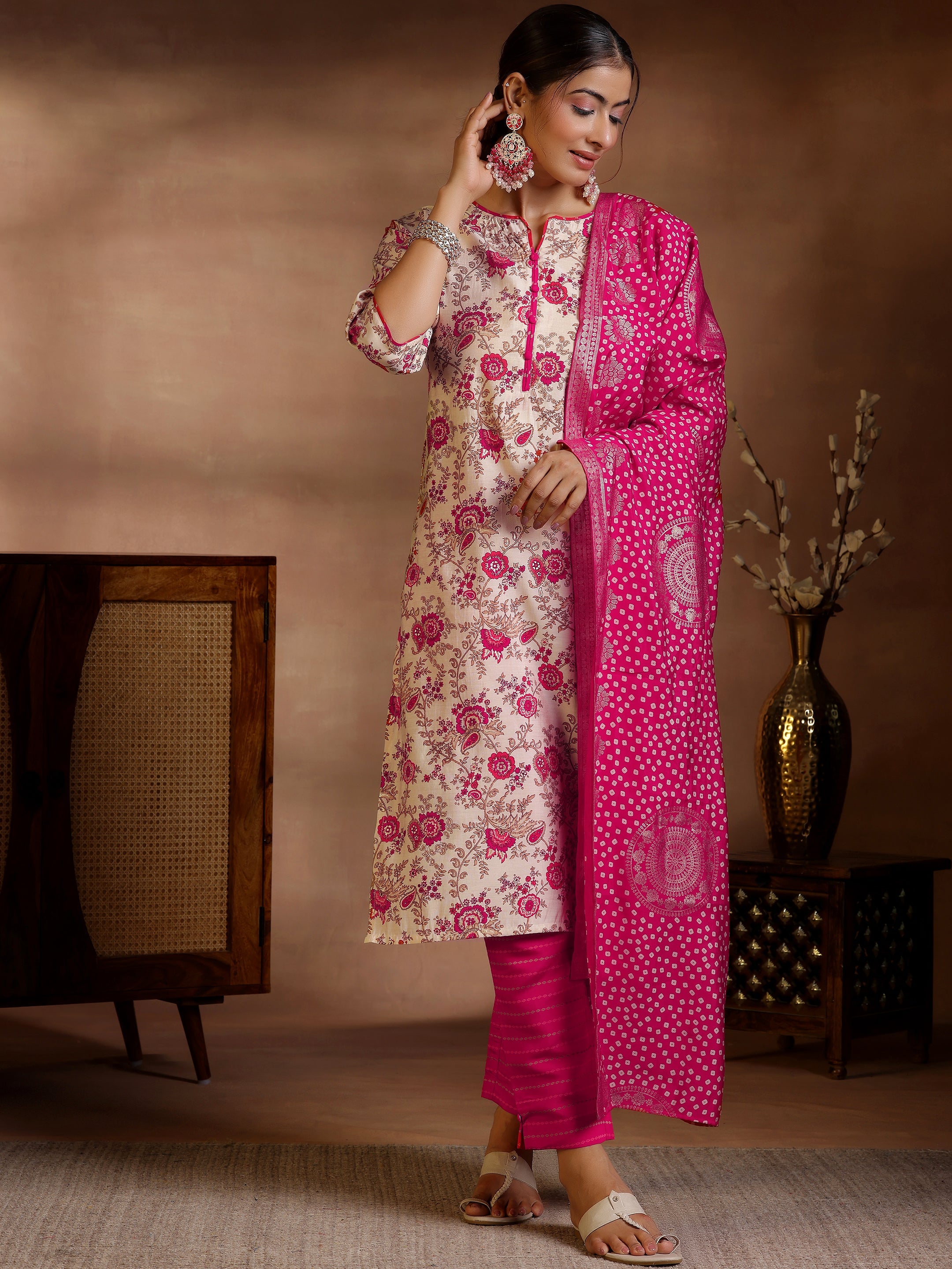 Pink Printed Silk Blend Straight Suits With Dupatta