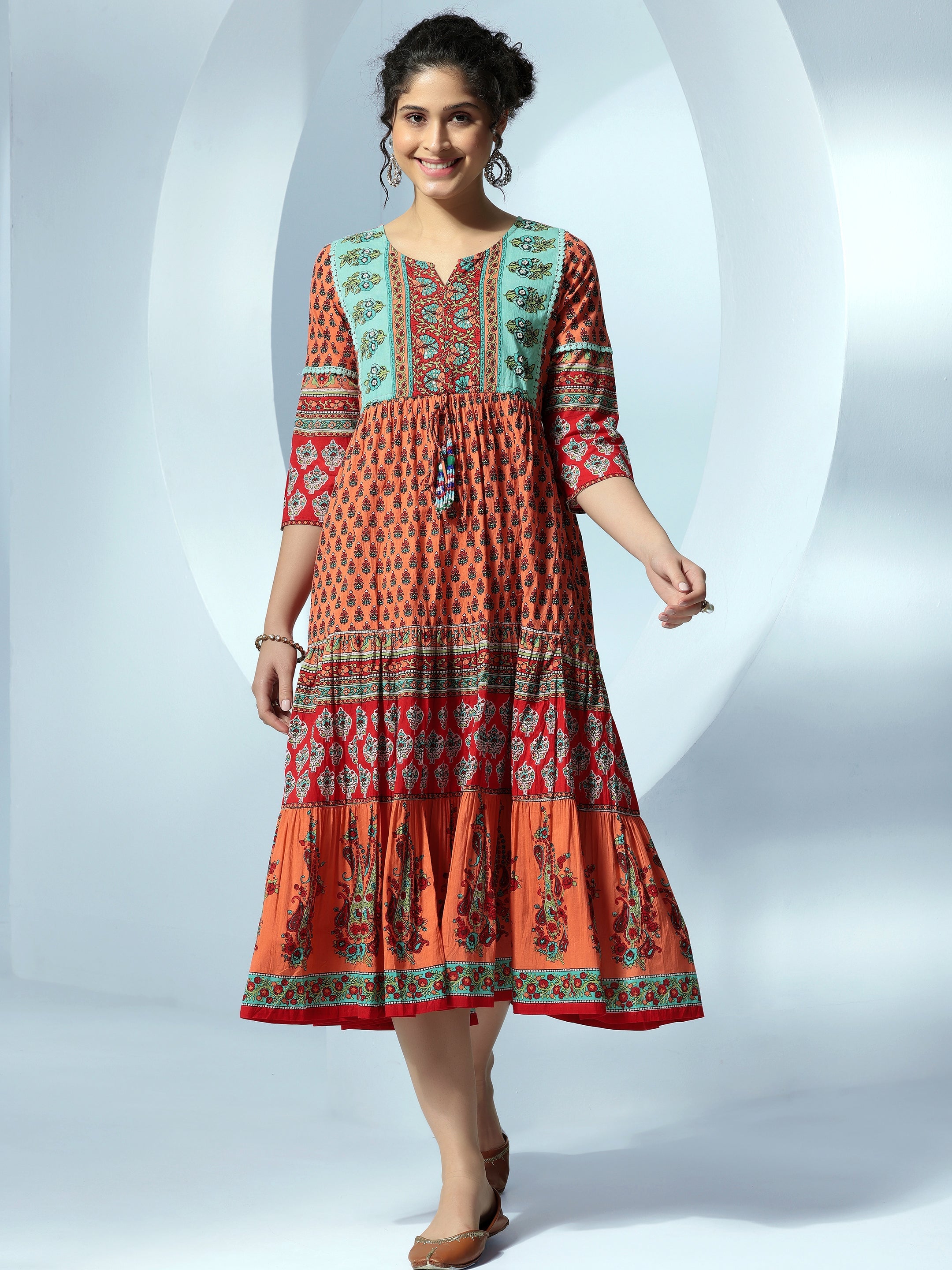 Orange Printed Fit and Flare Cotton Dress