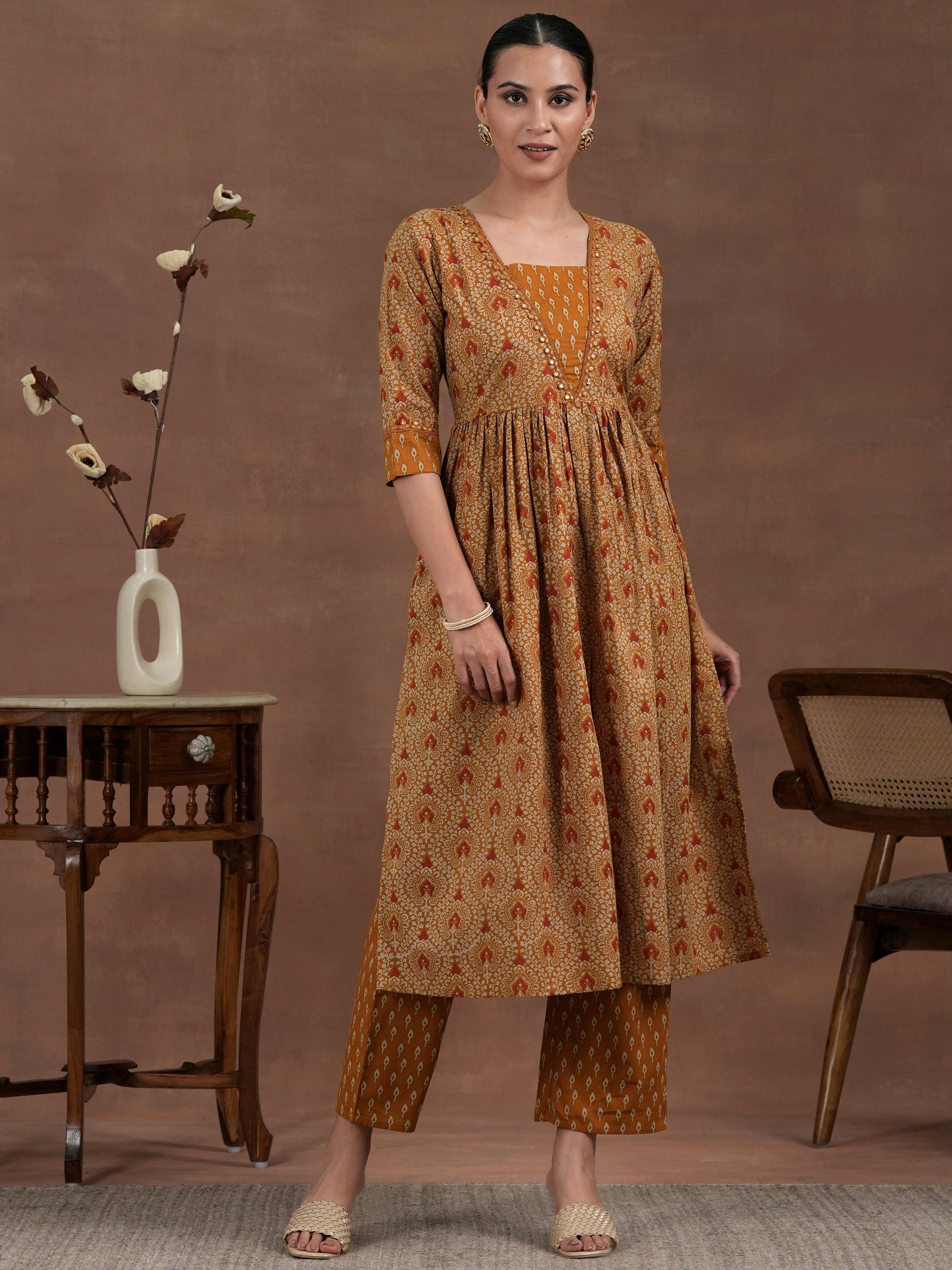 Mustard Printed Cotton A-Line Kurta With Palazzos