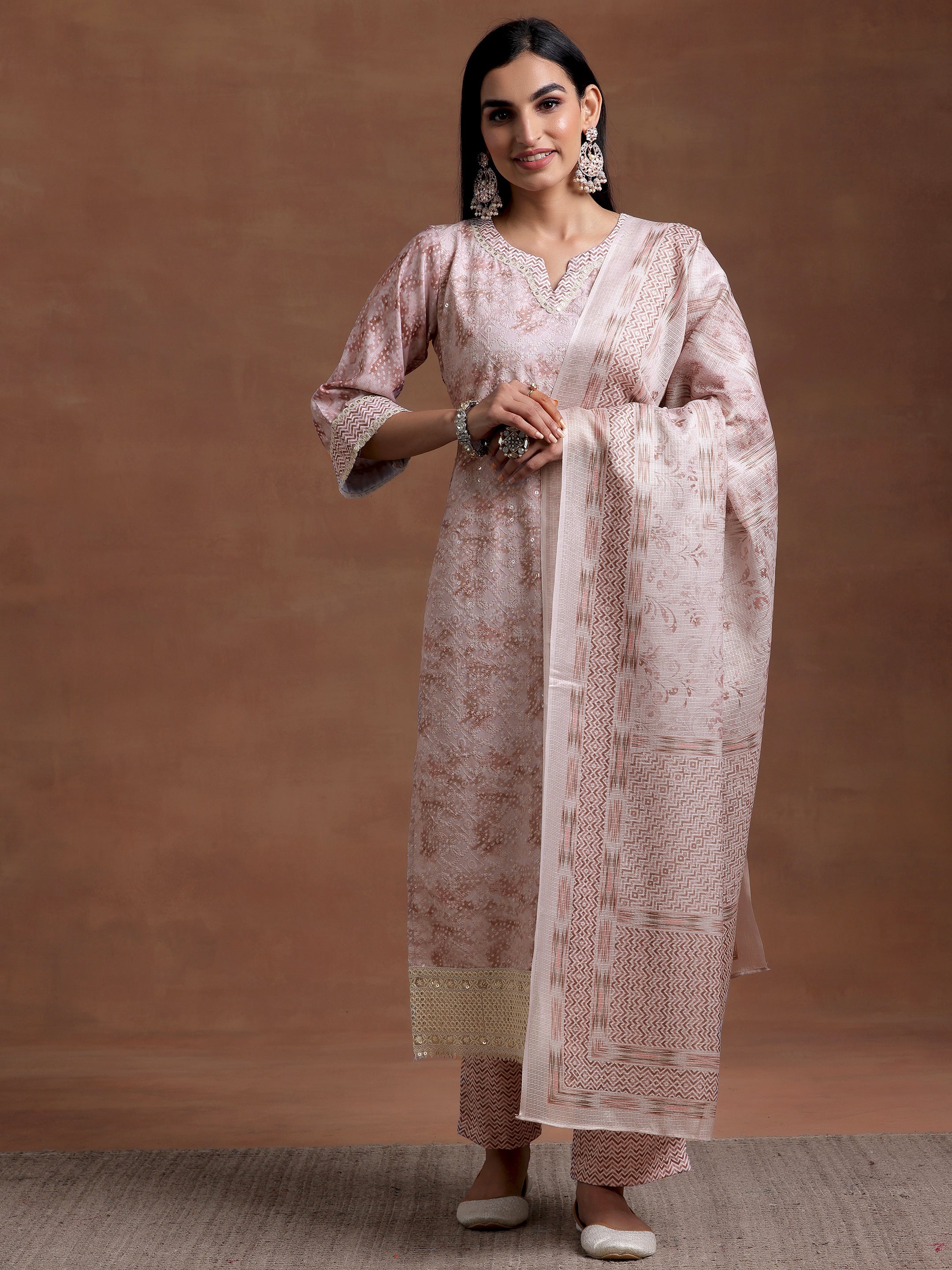 Beige Embroidered Cotton Blend Straight Suit With Dupatta