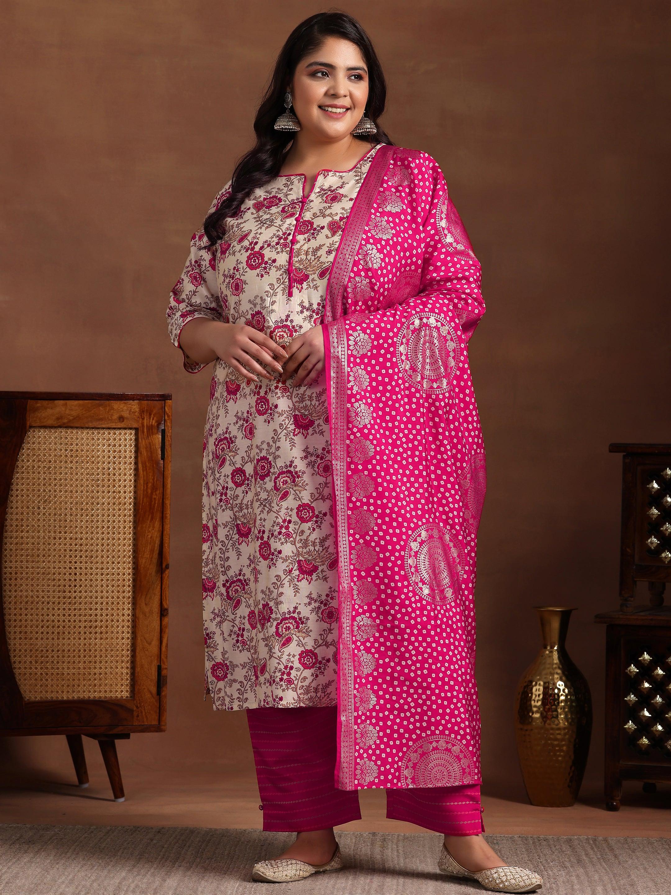 Plus Size Pink Printed Silk Blend Straight Suit With Dupatta