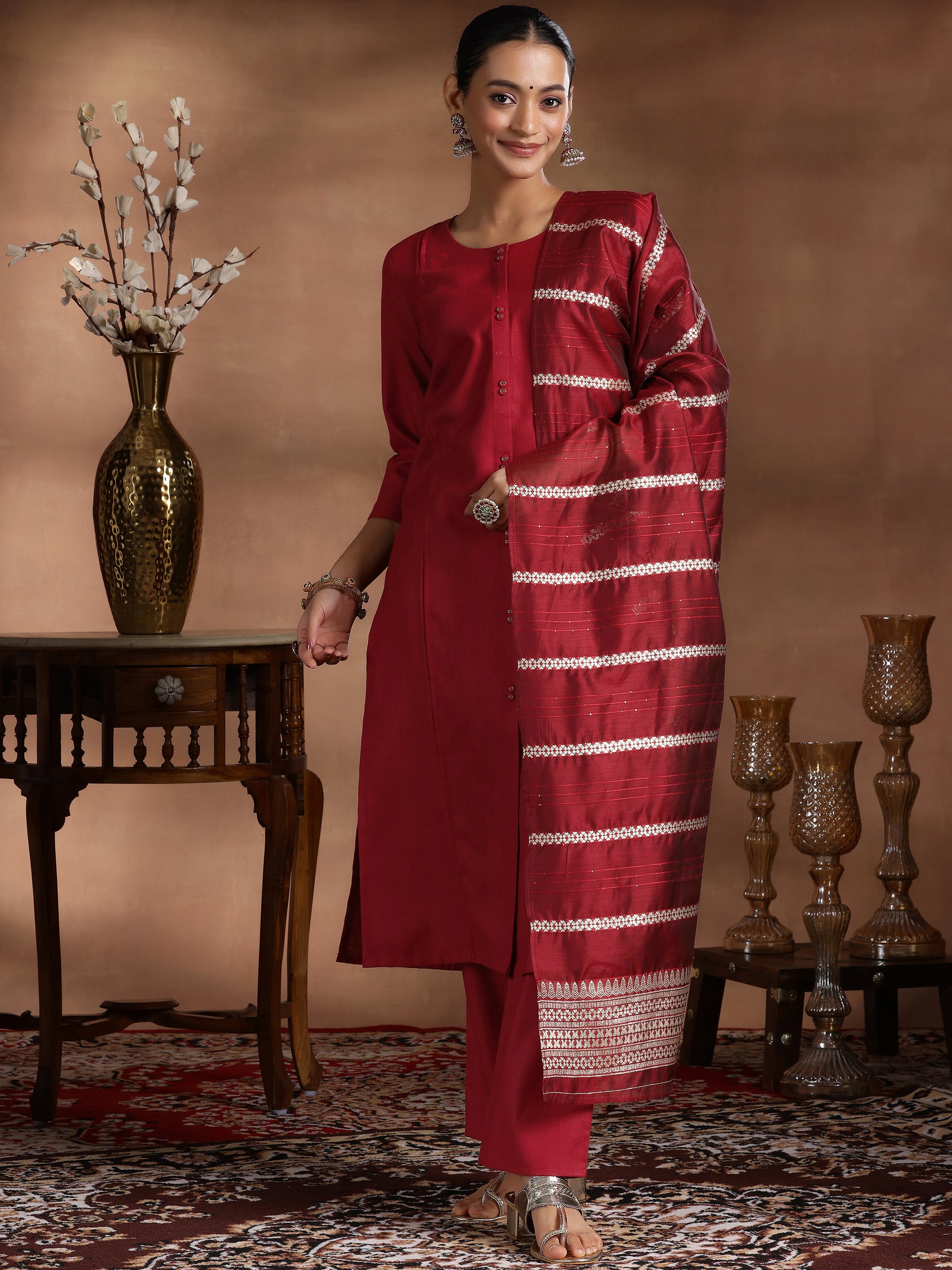 Maroon Solid Silk Blend Straight Suit With Dupatta