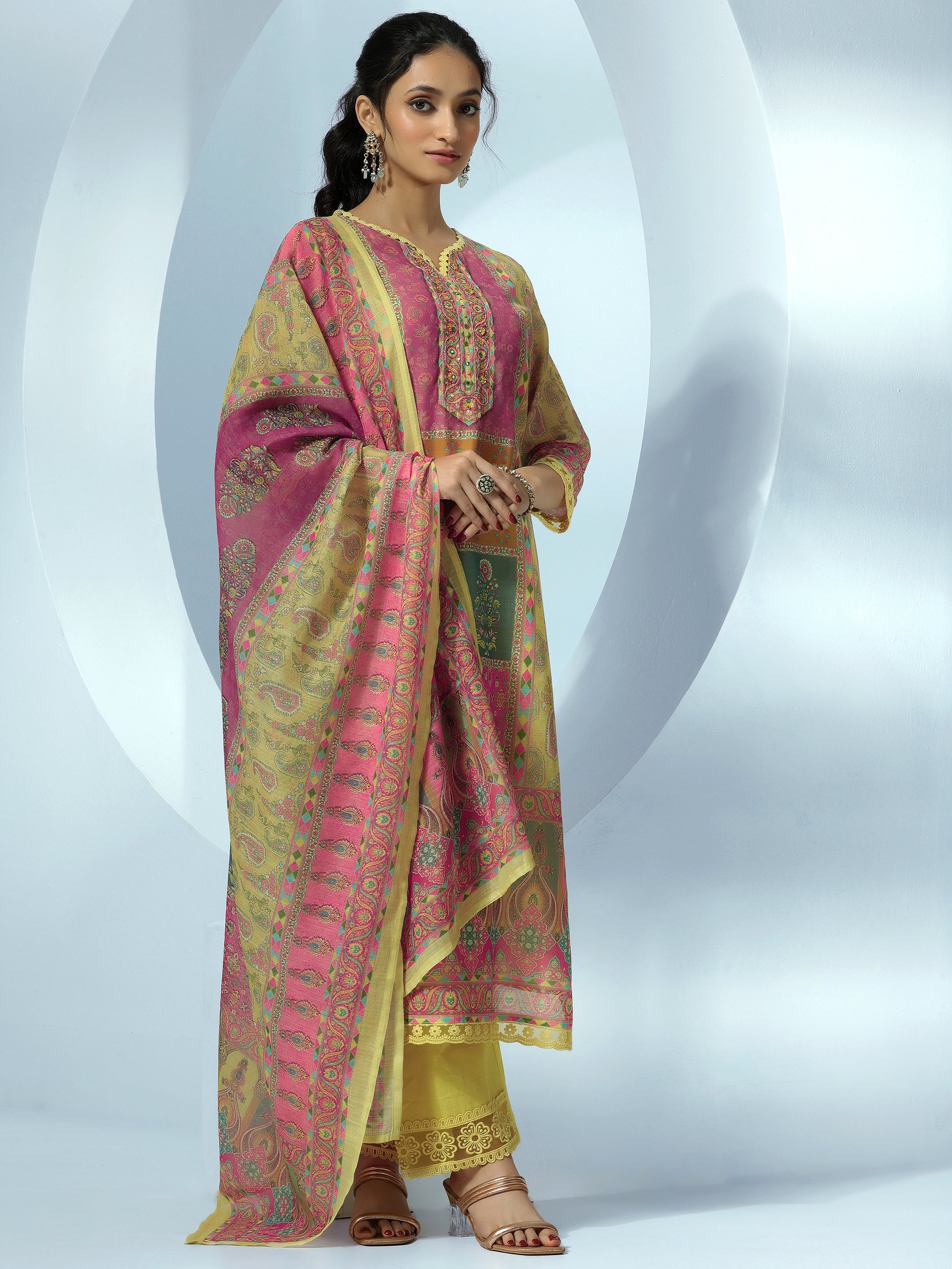 Yellow Printed Linen Straight Suit With Dupatta