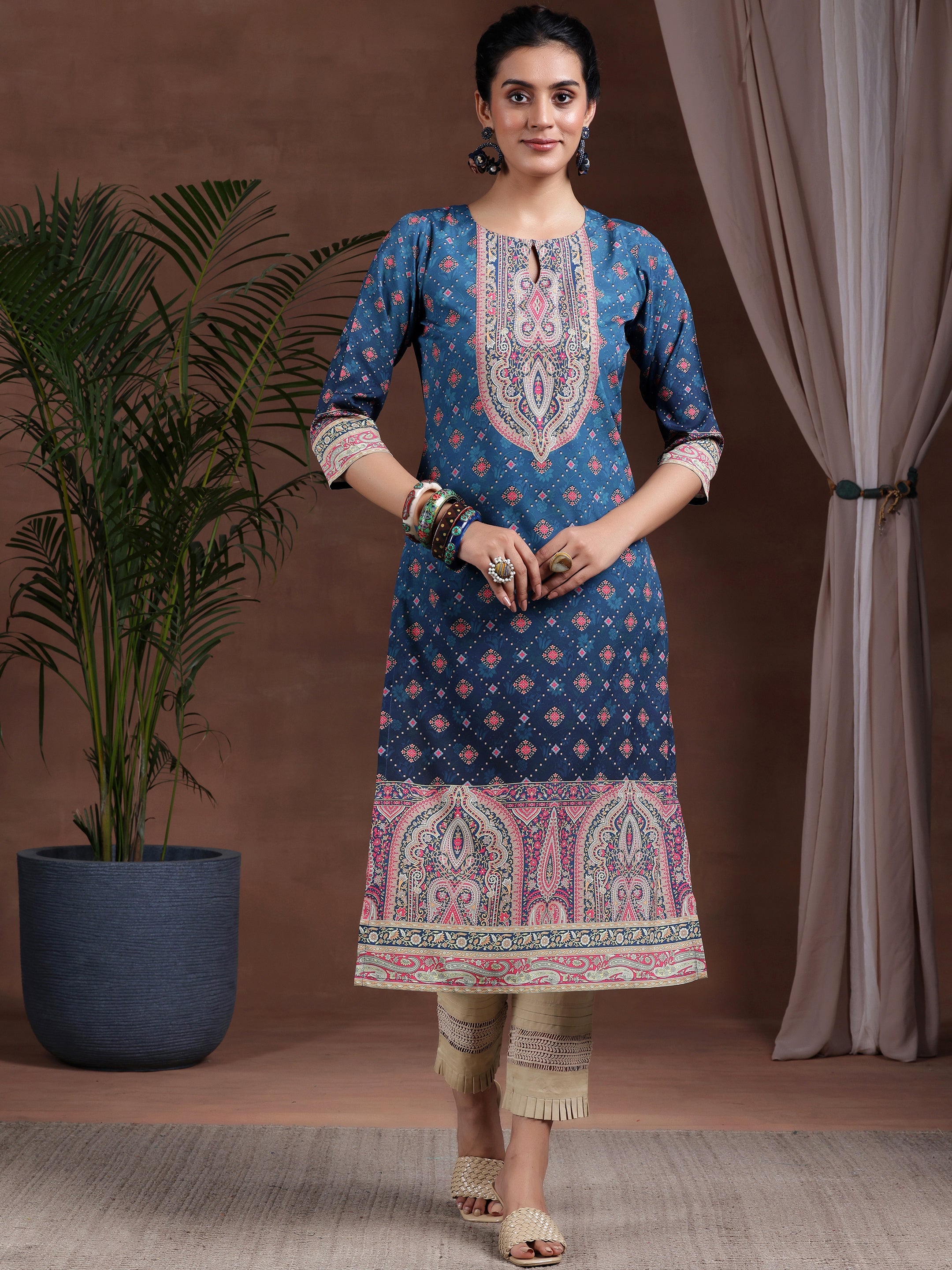 Blue Printed Crepe Straight Kurta