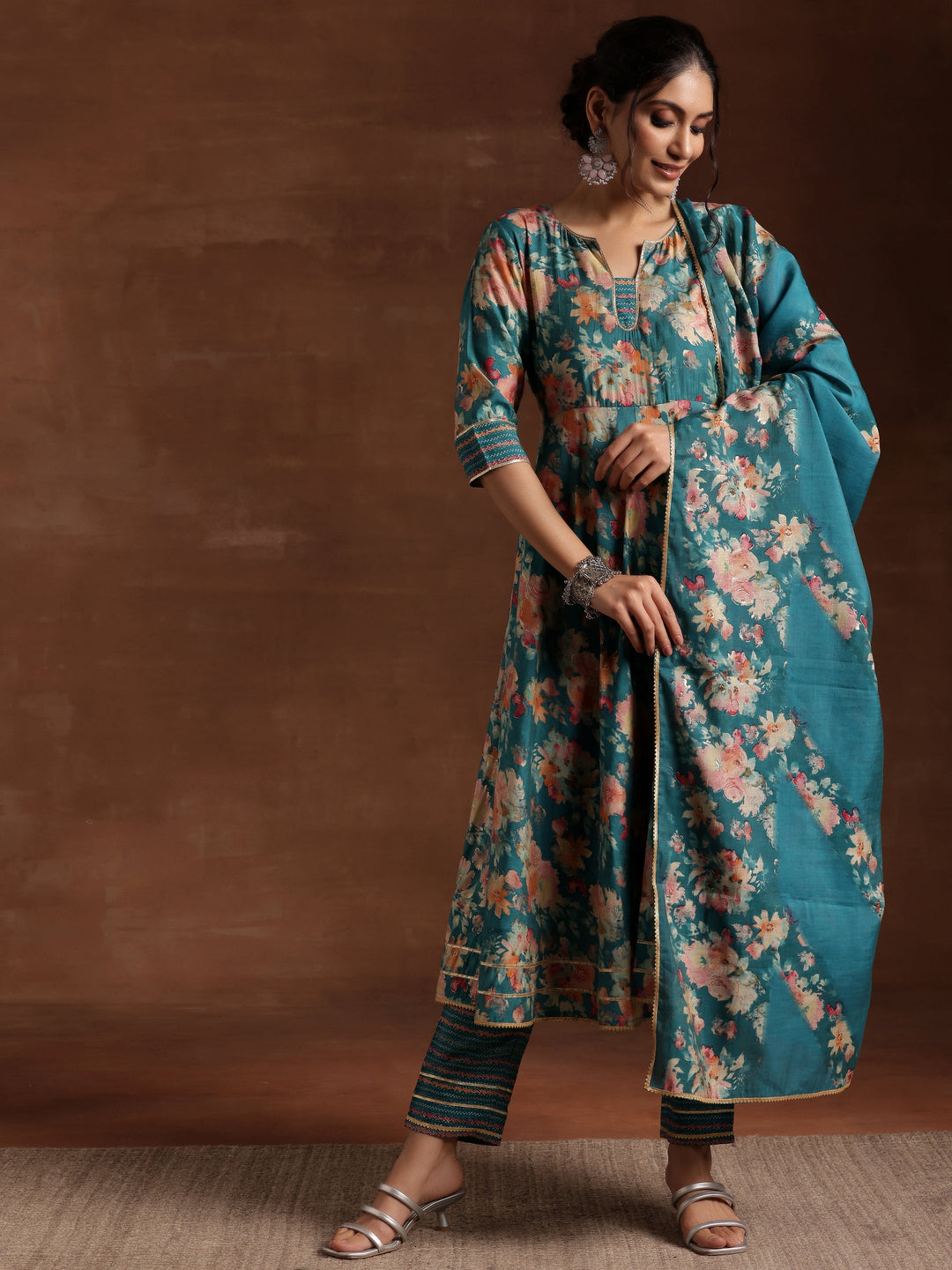 Blue Printed Silk Blend Anarkali Suit With Dupatta