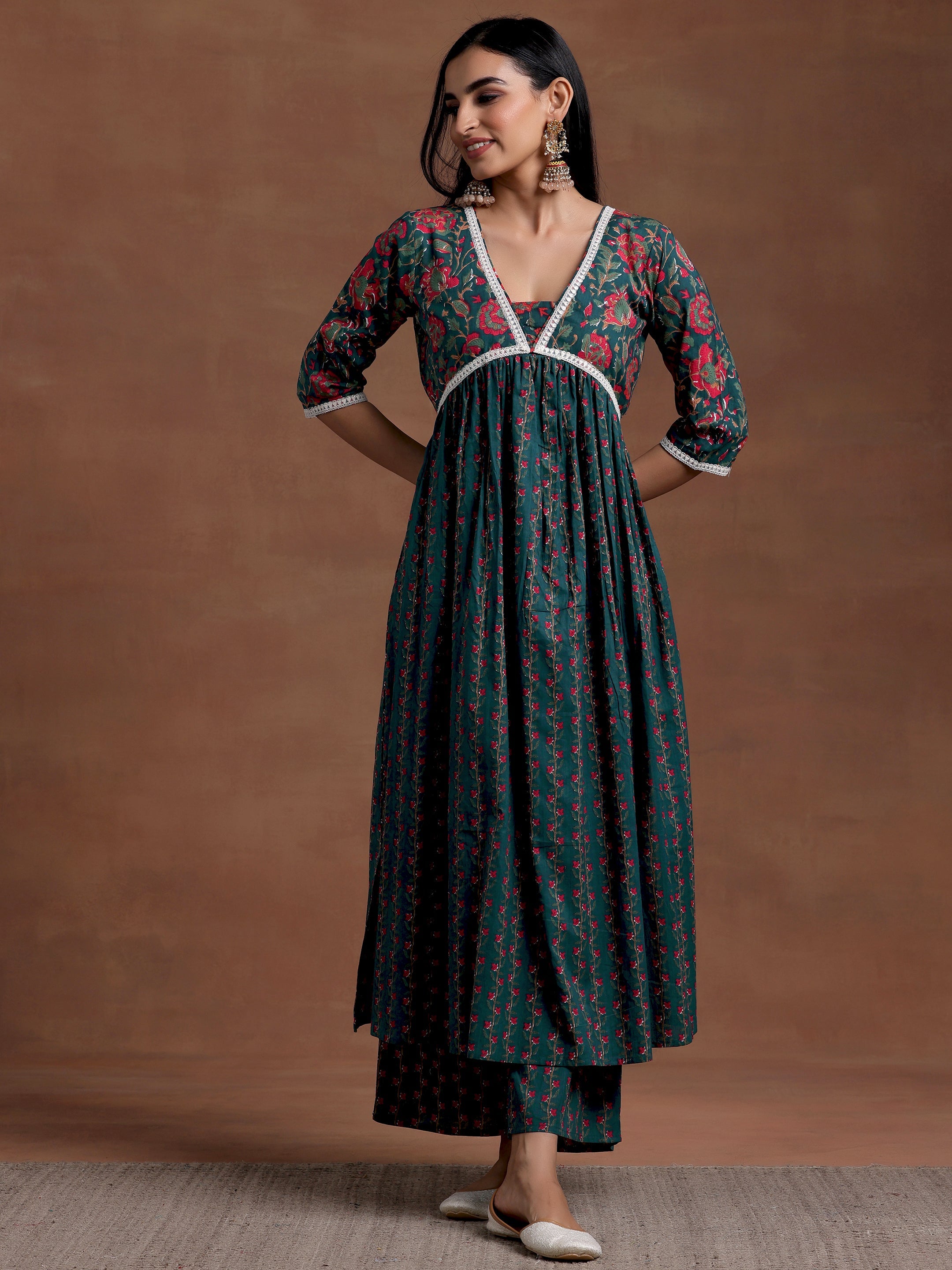 Blue Printed Cotton A-Line Kurta With Palazzos