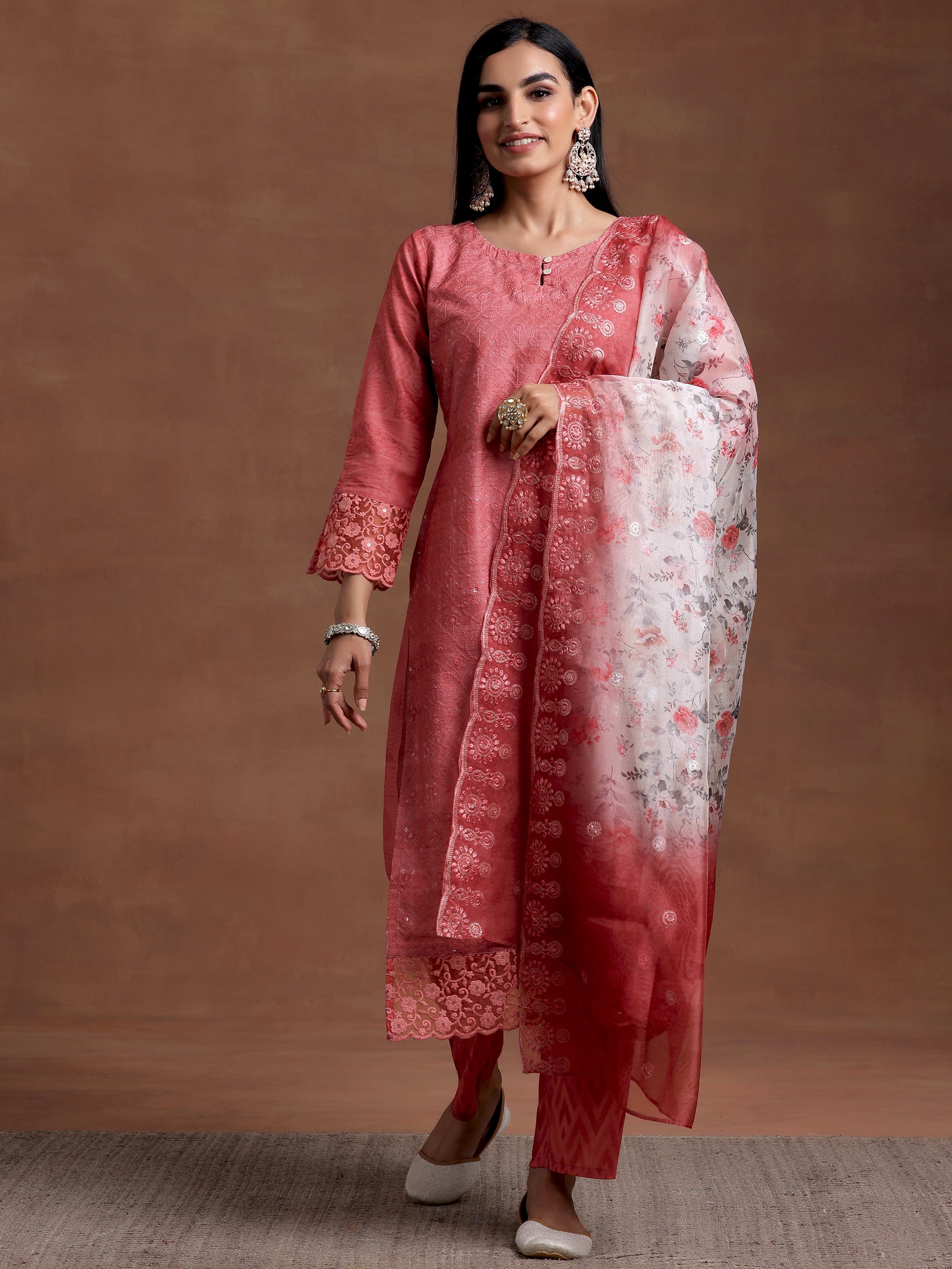 Peach Embroidered Silk Blend Straight Suit With Dupatta