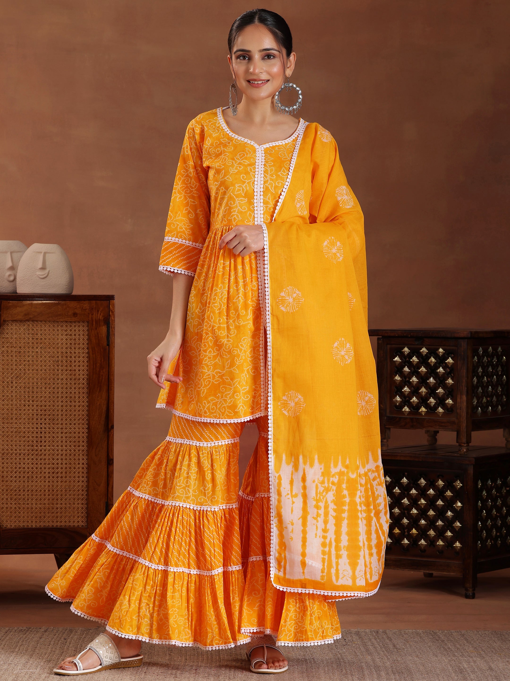 Mustard Printed Pure Cotton A-Line Kurti With Sharara & Dupatta