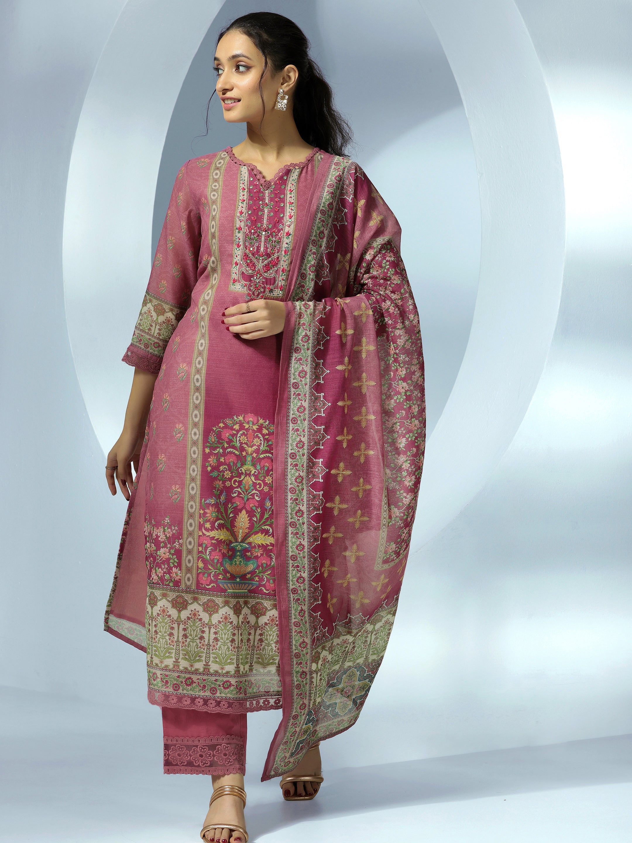 Mauve Printed Linen Straight Suit With Dupatta