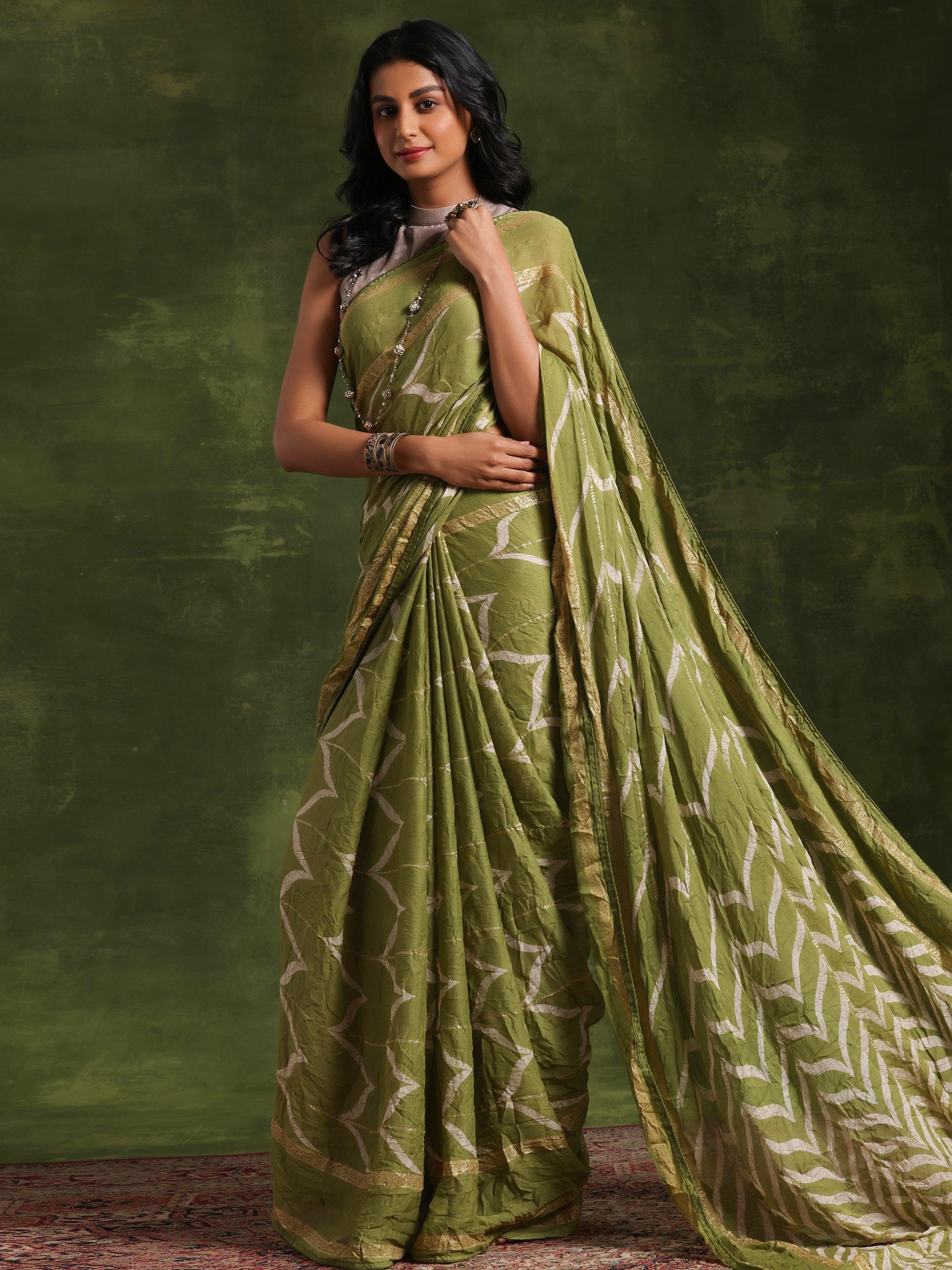 Green Printed Poly Georgette Saree With Unstitched Blouse Piece