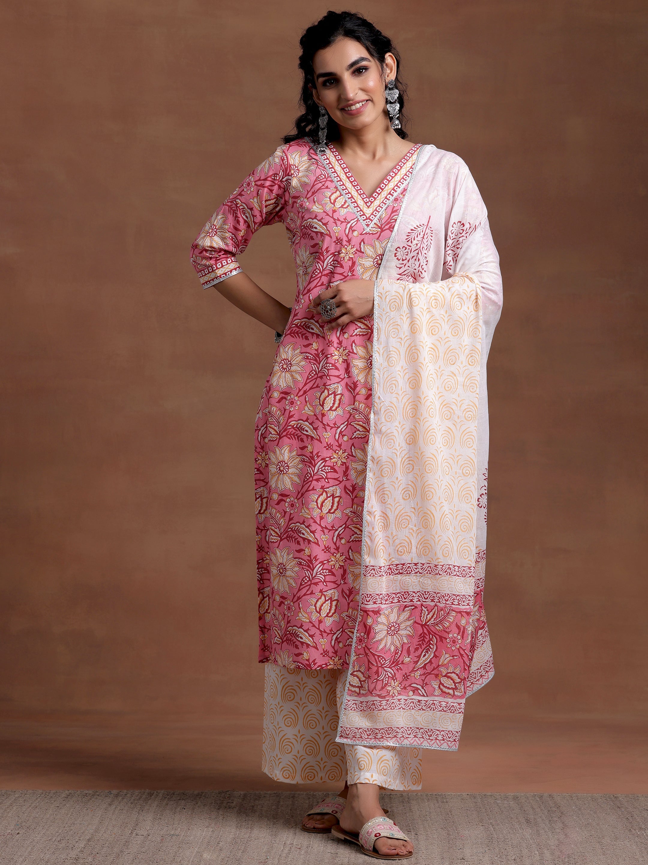 Pink Printed Cotton Straight Suit With Dupatta