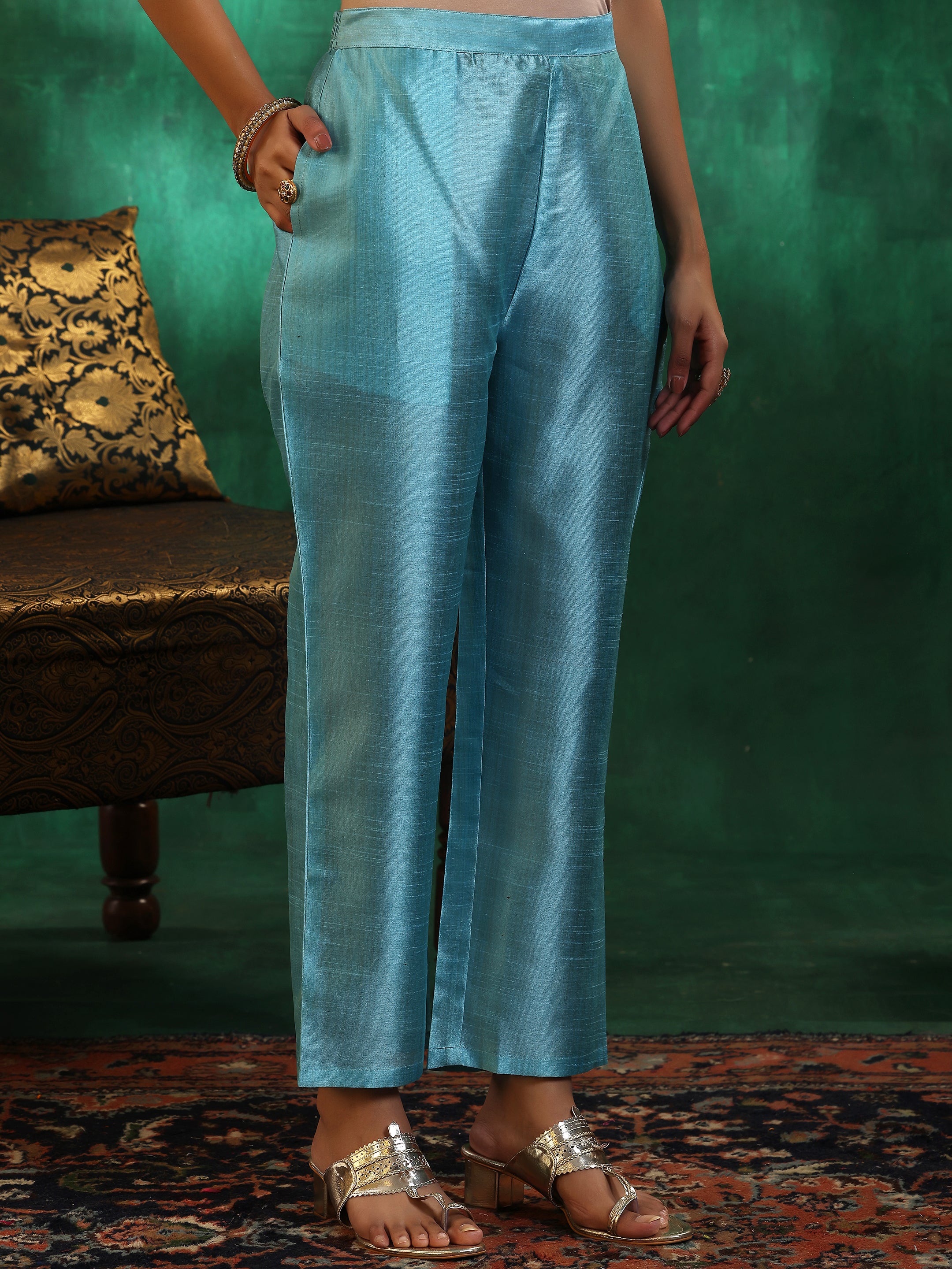 Turquoise Blue Yoke Design Silk Blend Straight Suit With Dupatta