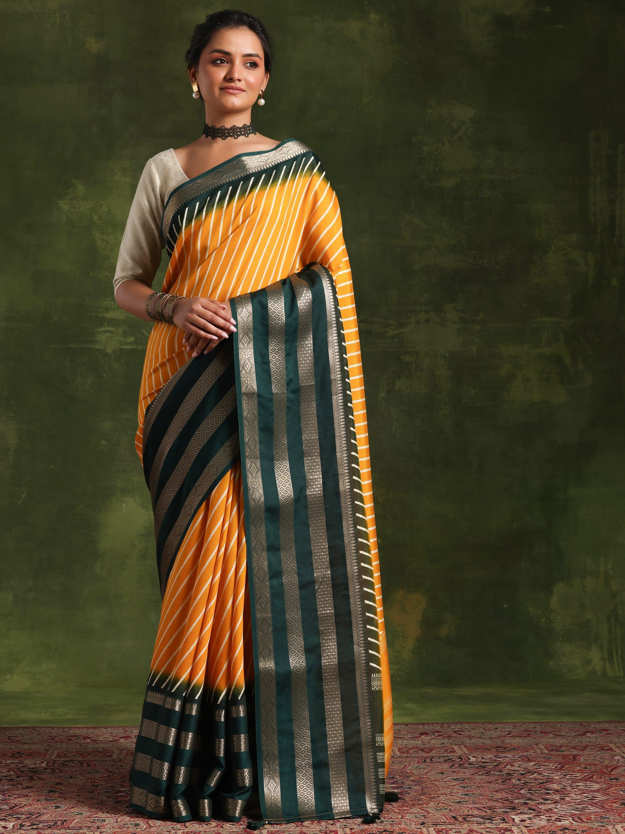 Mustard Printed Silk Blend Saree With Unstitched Blouse Piece