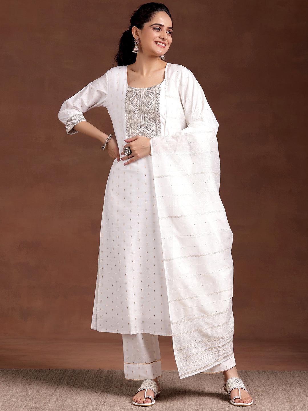 White Yoke Design Silk Blend Straight Suit With Dupatta