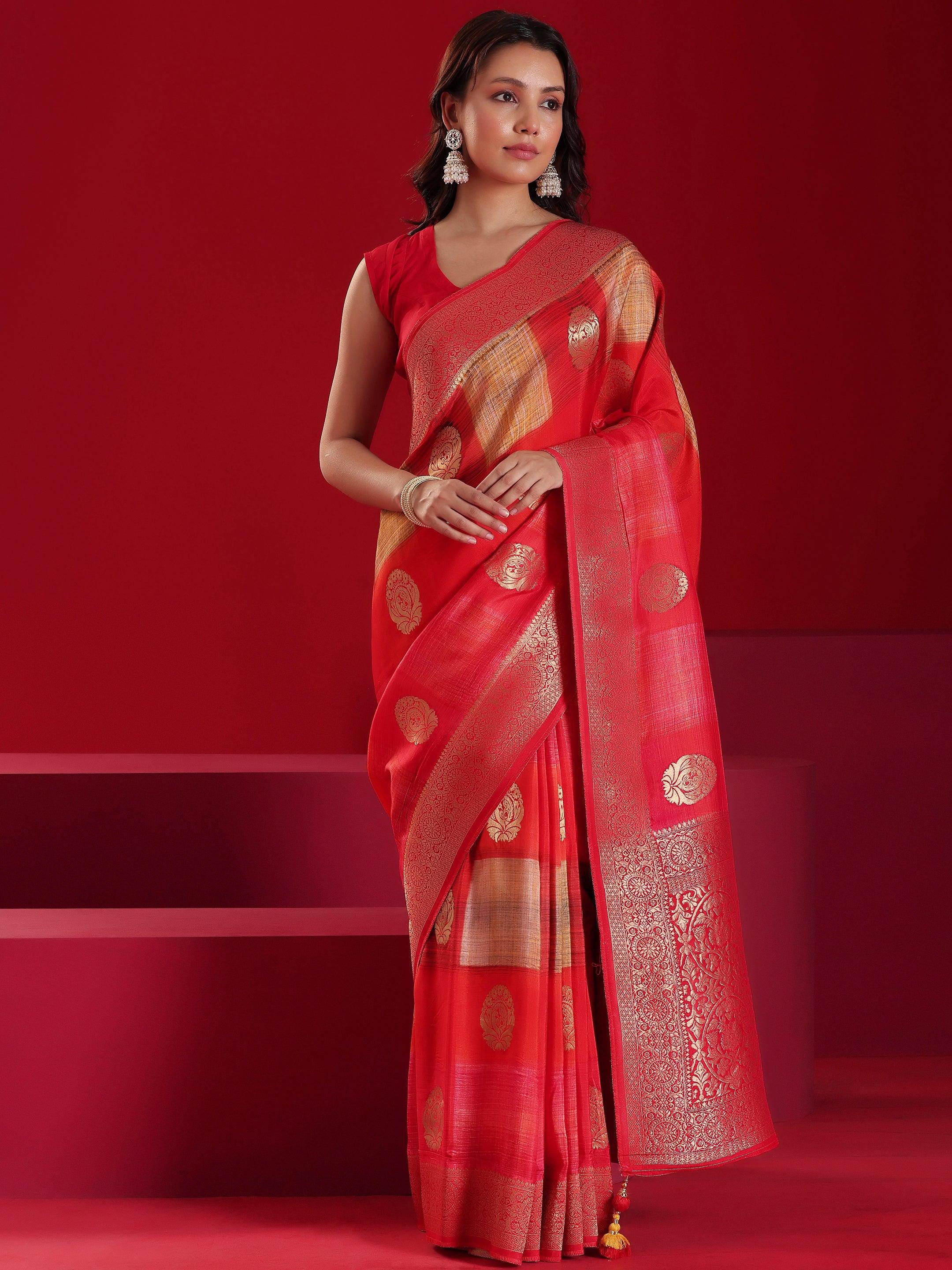 Libas Art Red Orange Woven Design Satin Saree With Unstitched  Blouse Piece