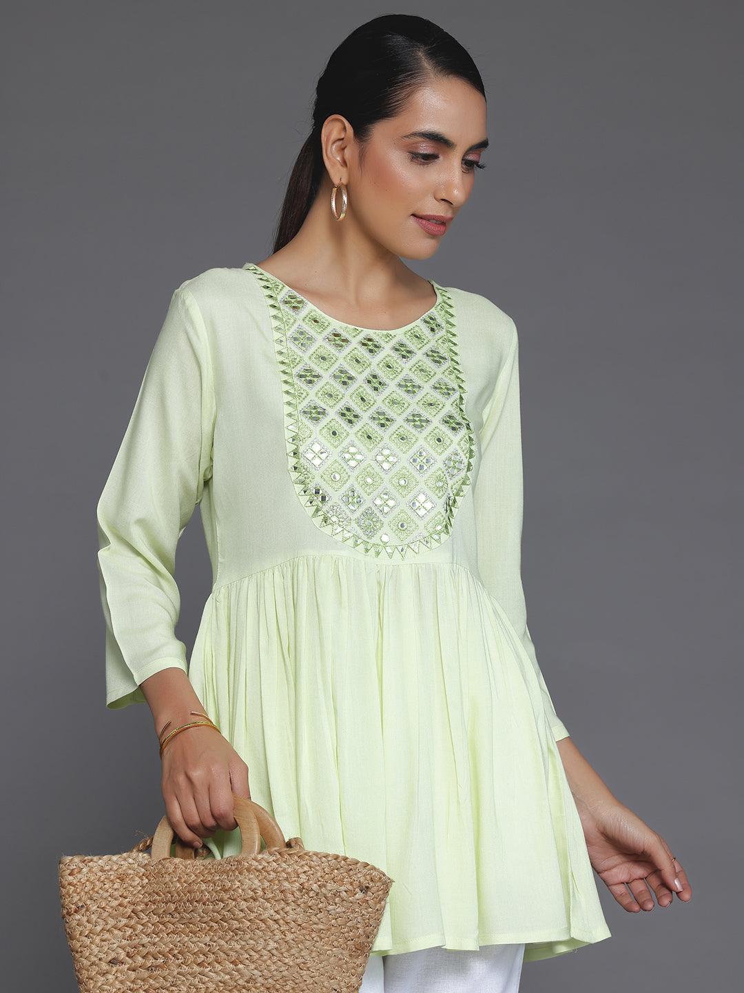 Green Embroidered Rayon A-Line Kurti