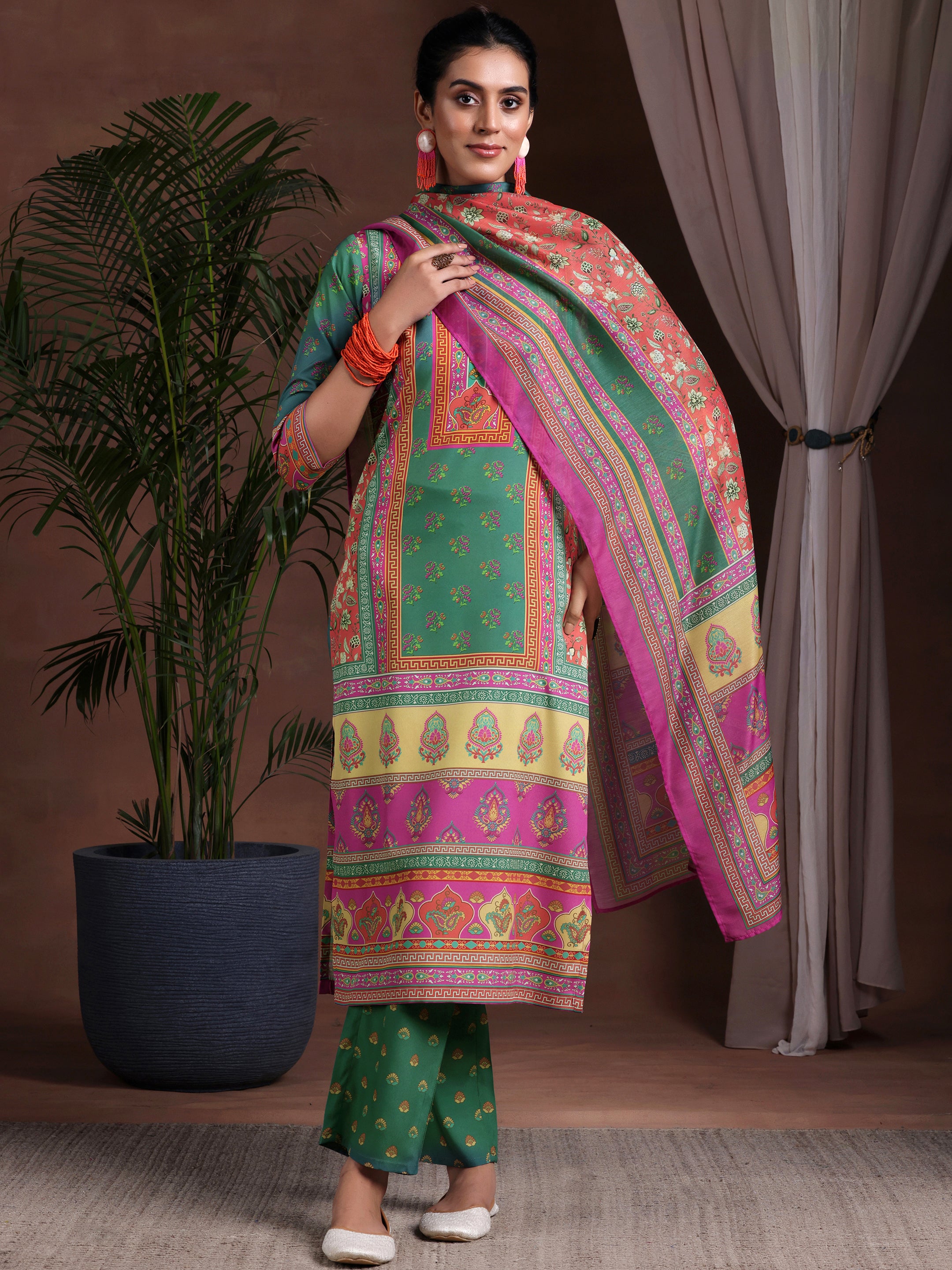 Multi Printed Poly Crepe Straight Suit With Dupatta