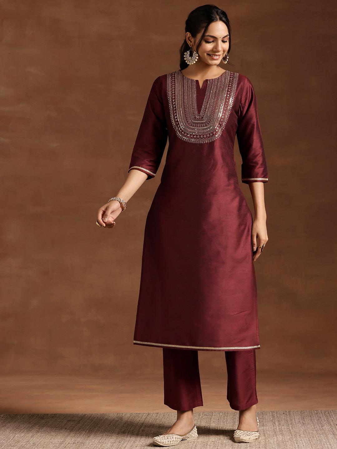 Maroon Yoke Design Silk Blend Straight Kurta Set