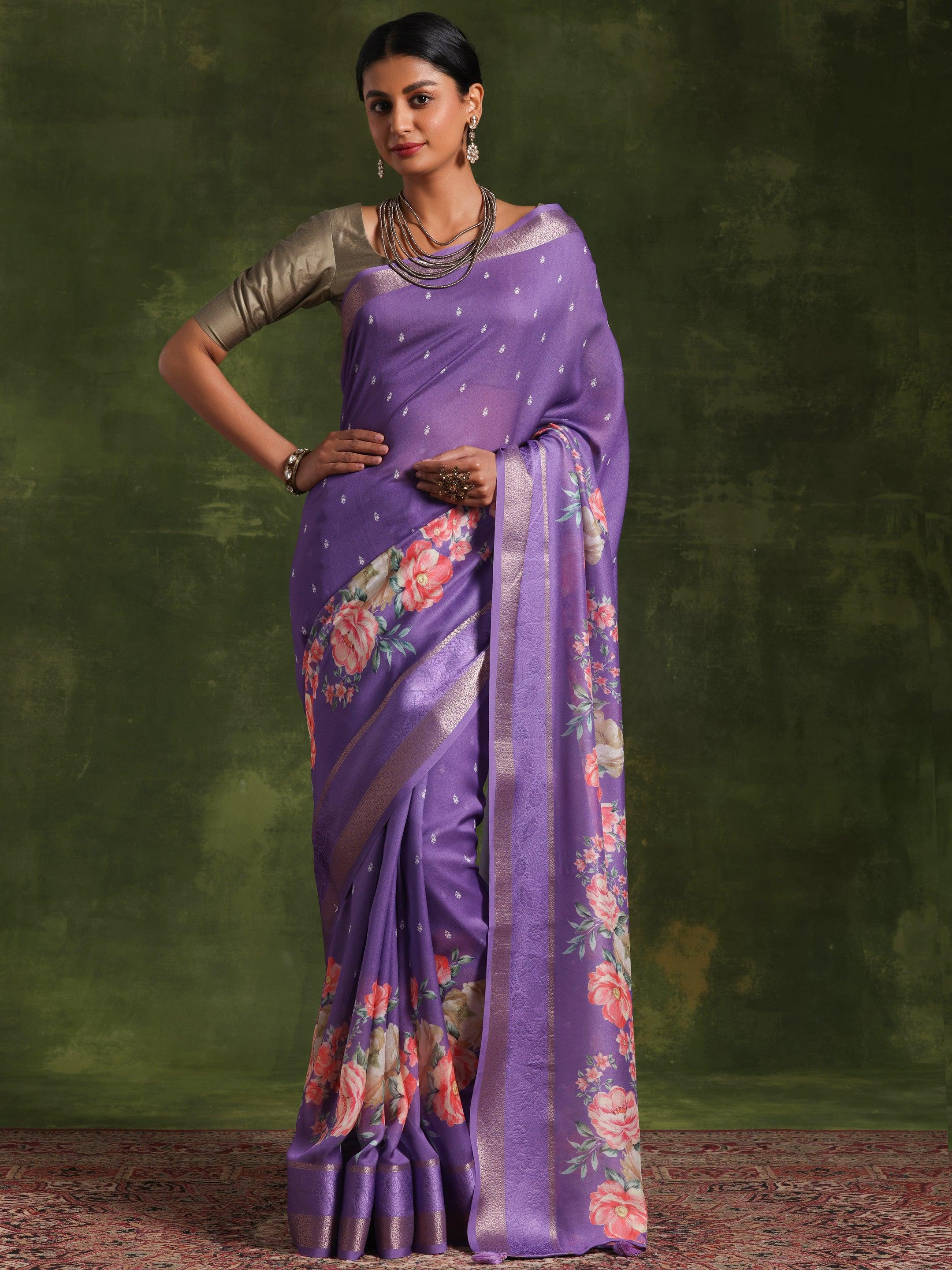 Purple Printed Silk Blend Saree With Unstitched Blouse Piece