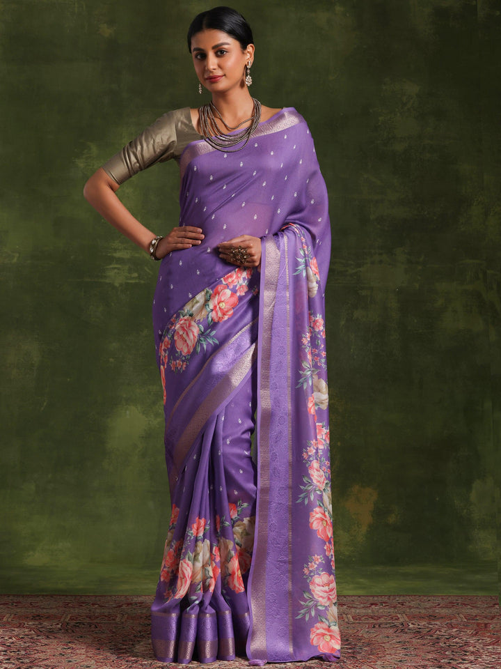 Purple Printed Silk Blend Saree With Unstitched Blouse Piece - Libas