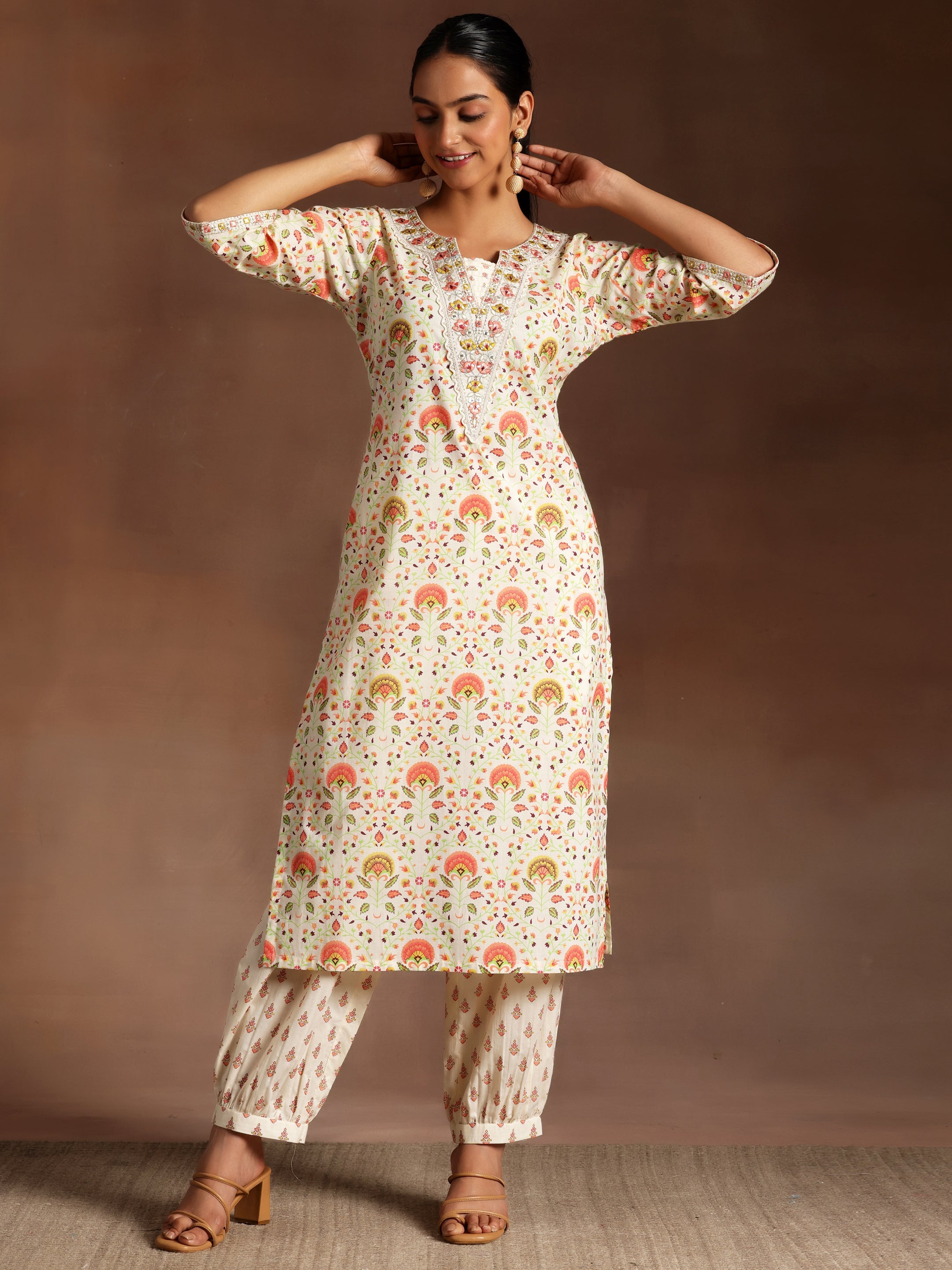 Off White Printed Cotton Straight Kurta Set