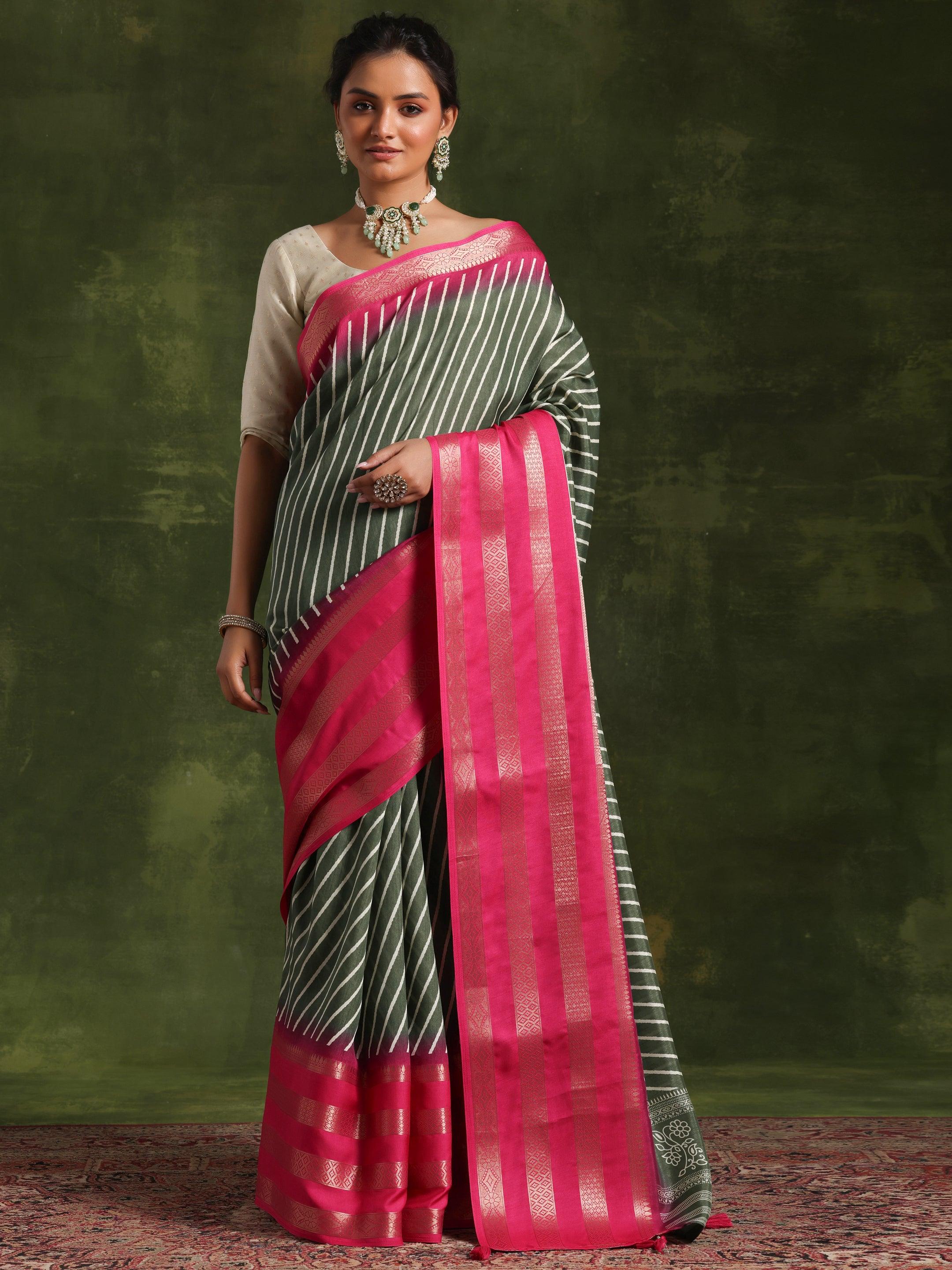 Green Printed Silk Blend Saree With Unstitched Blouse Piece