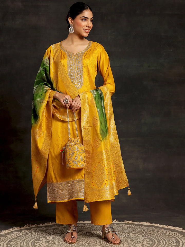 Mustard Woven Design Silk Blend Straight Suit With Dupatta