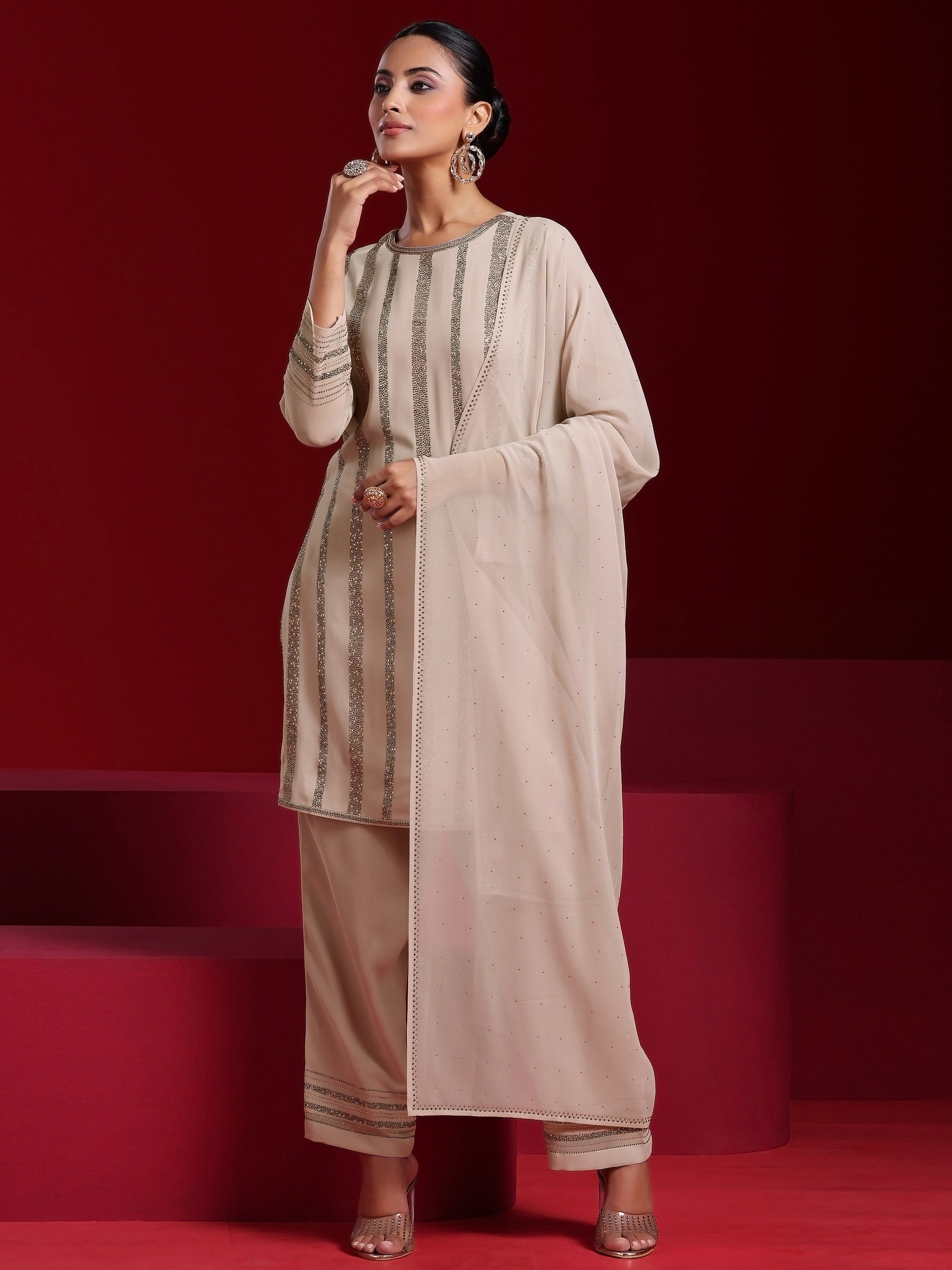 Libas Art Taupe Striped Georgette Straight Suit With Dupatta