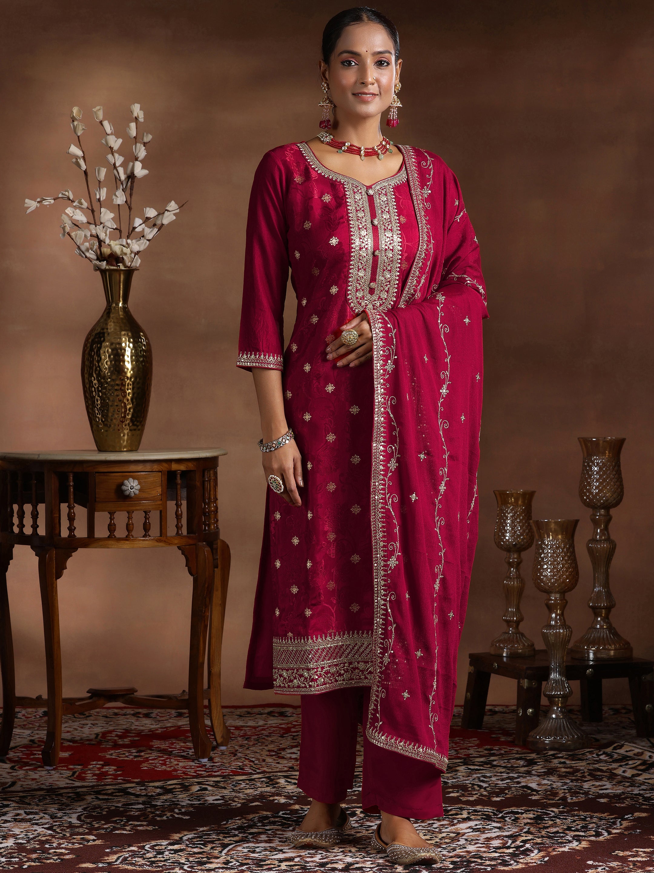 Maroon Woven Design Silk Blend Straight Suit With Dupatta