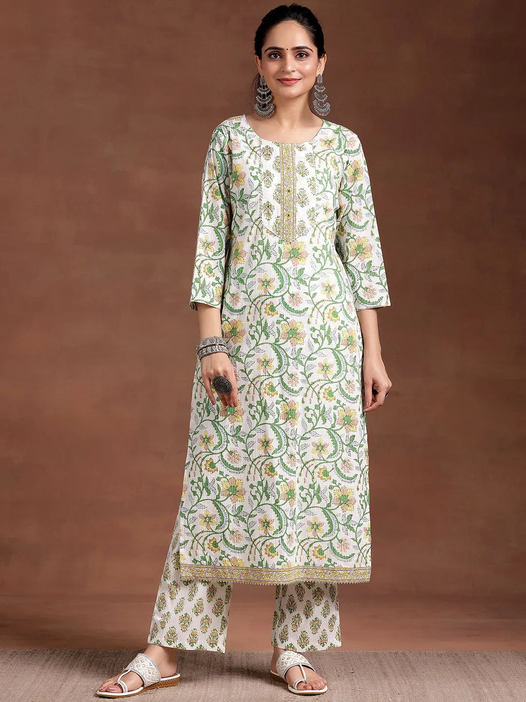 Off White Printed Cotton Straight Kurta Set