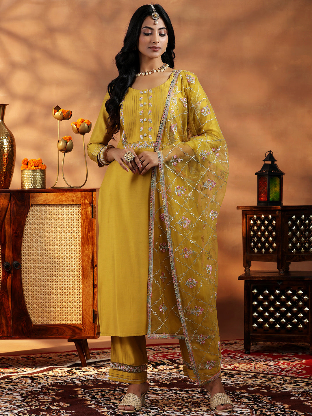 Mustard Yoke Design Silk Blend Straight Suit With Dupatta