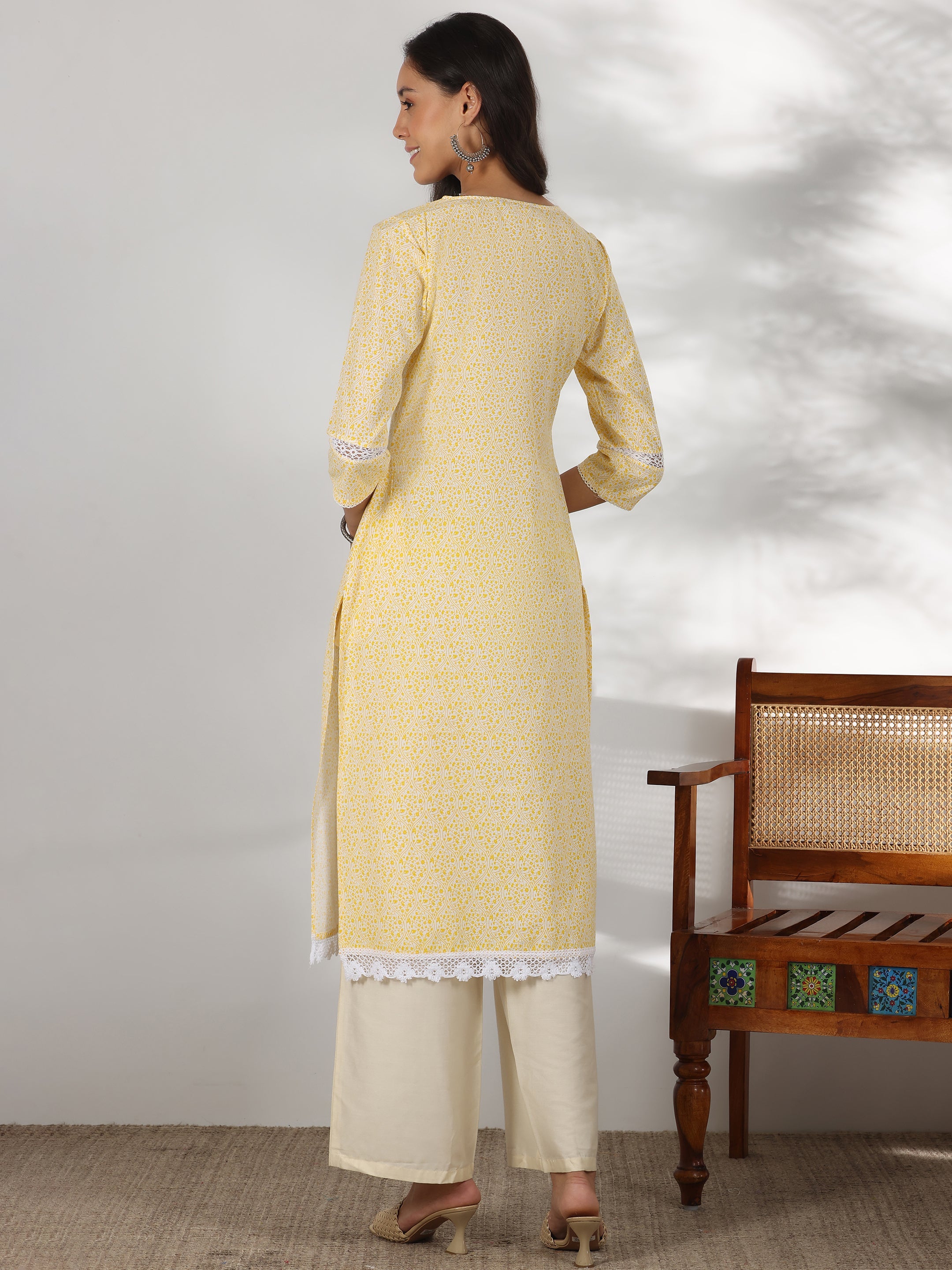 Yellow Printed Cotton Straight Kurta