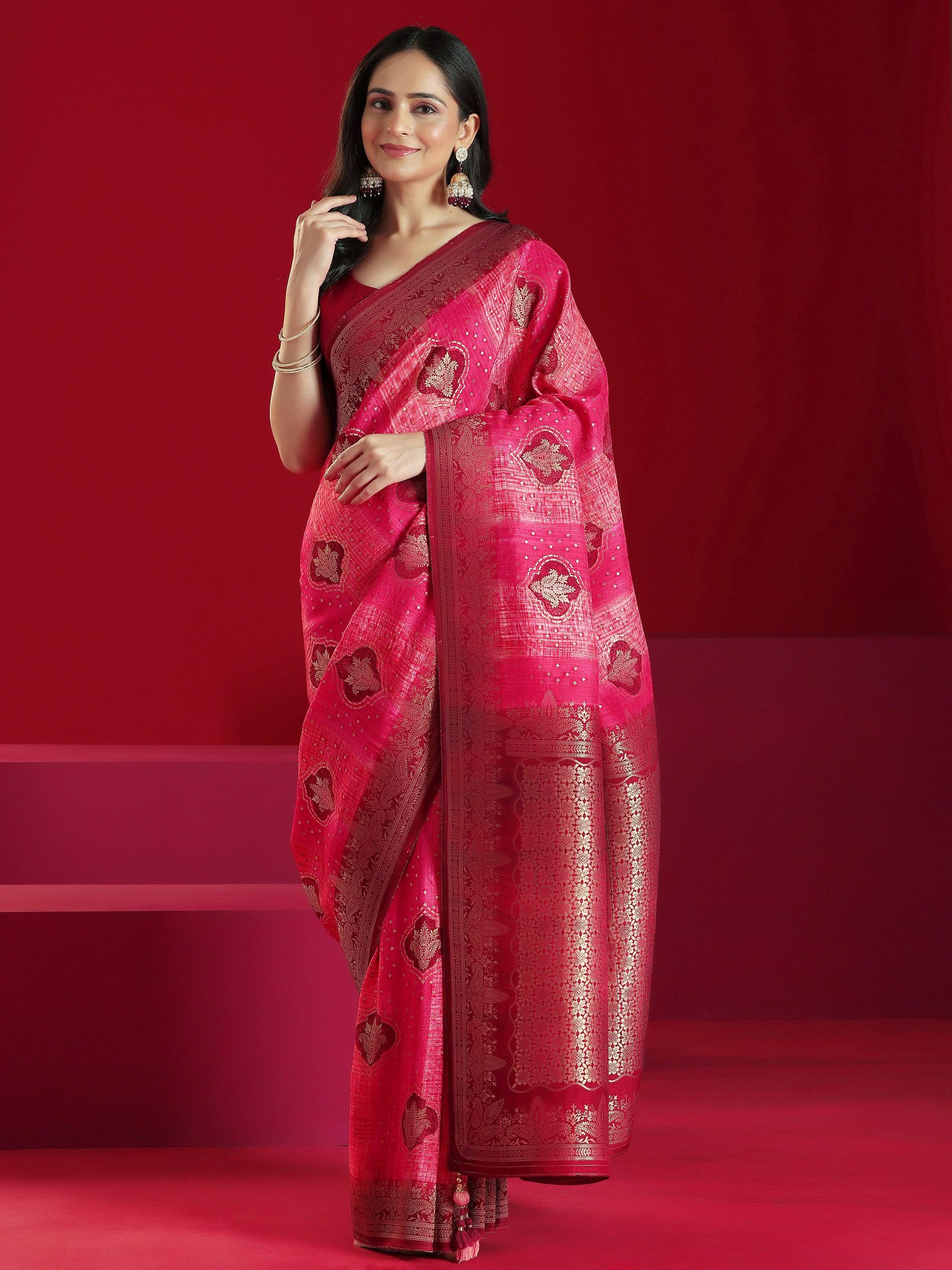 Libas Art Pink Woven Design Satin Saree With Unstitched  Blouse Piece