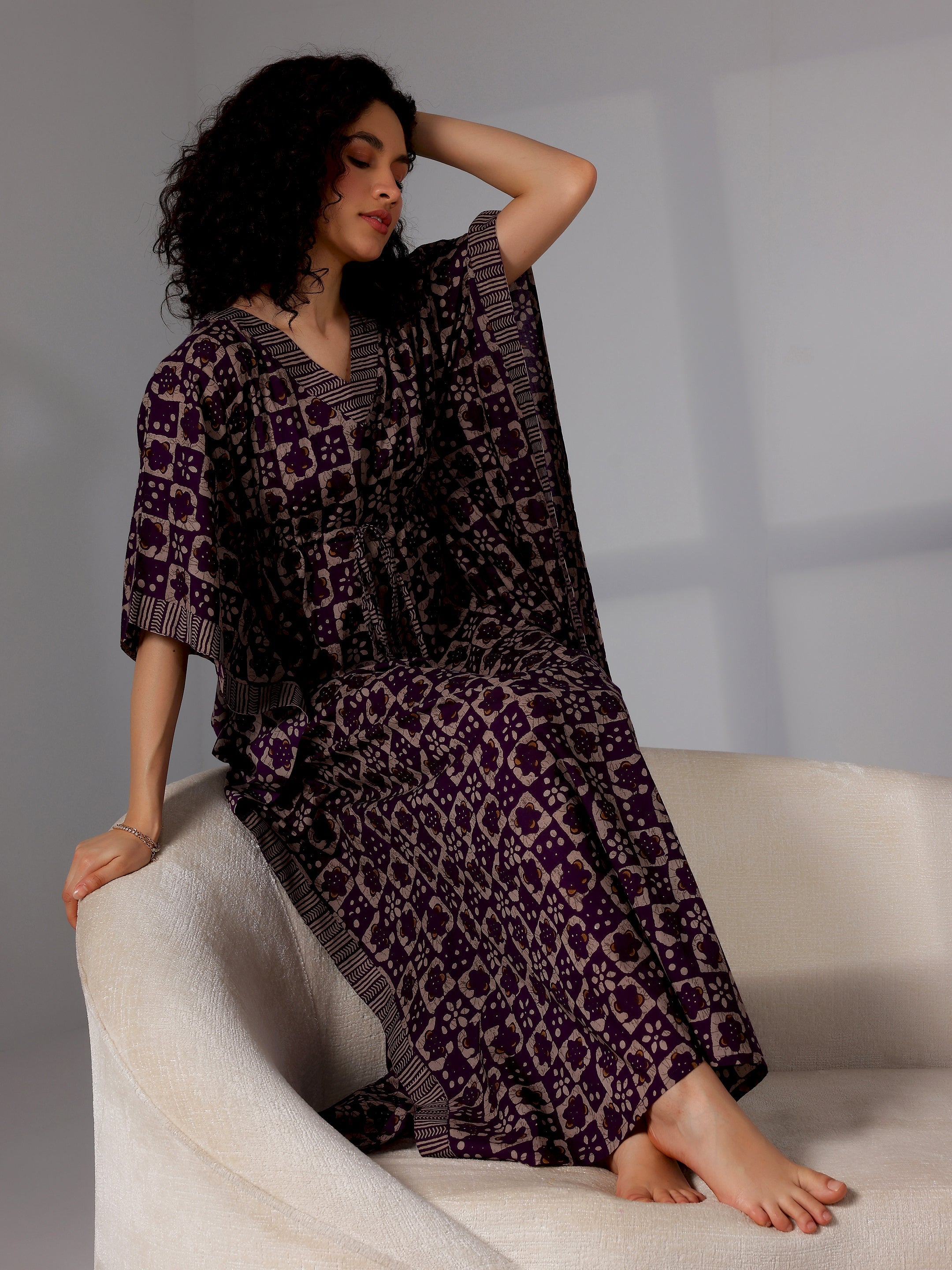 Purple Printed Cotton Kaftan Night Dress