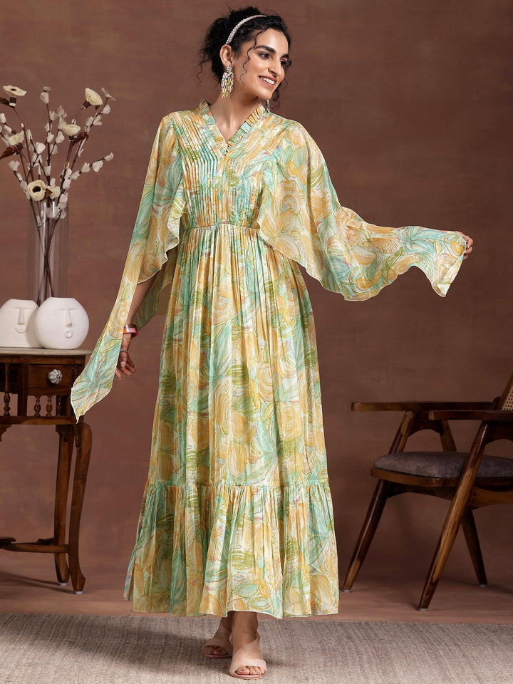 Green Printed Chiffon A-Line Dress