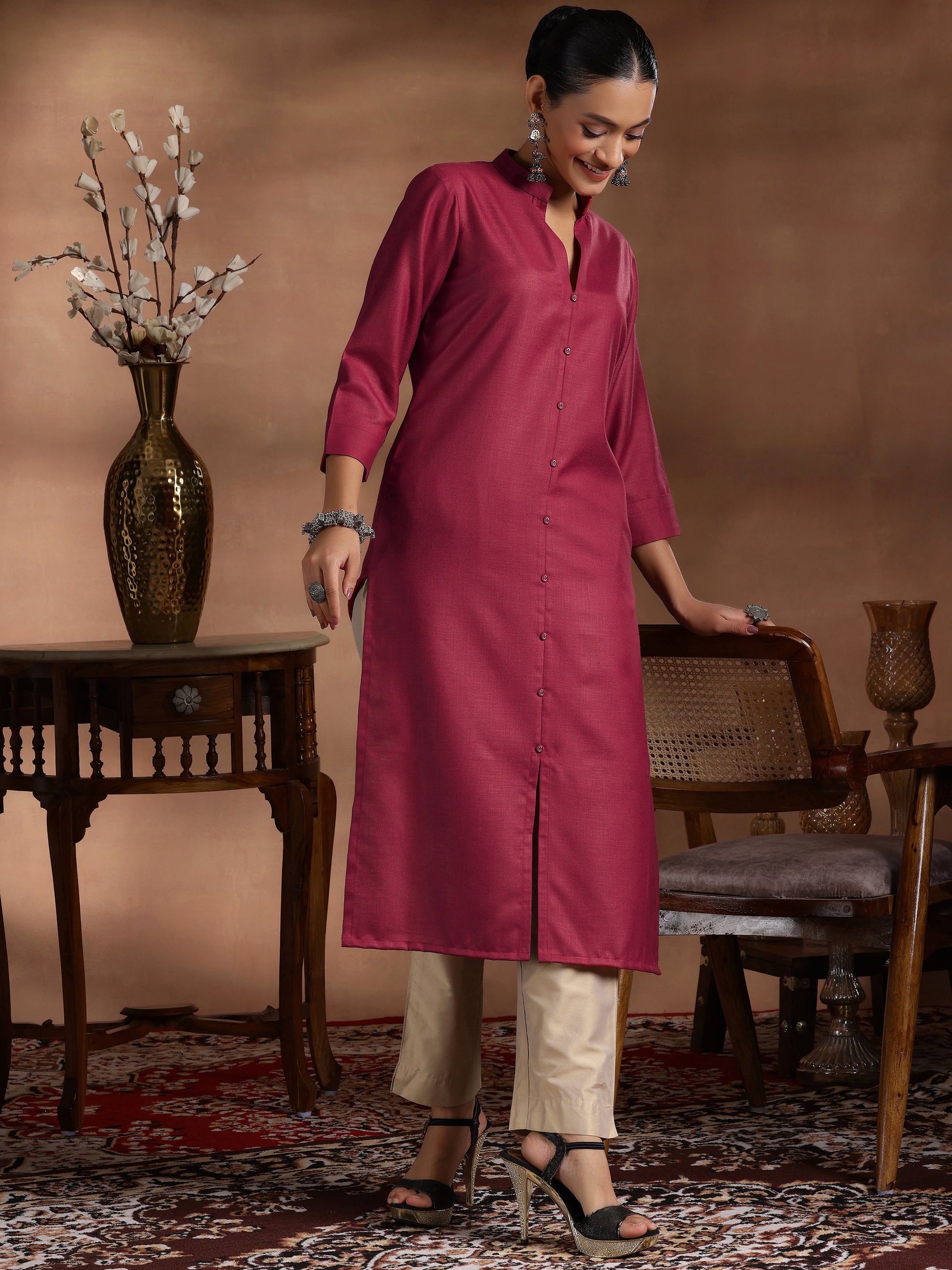 Maroon Solid Silk Straight Kurta