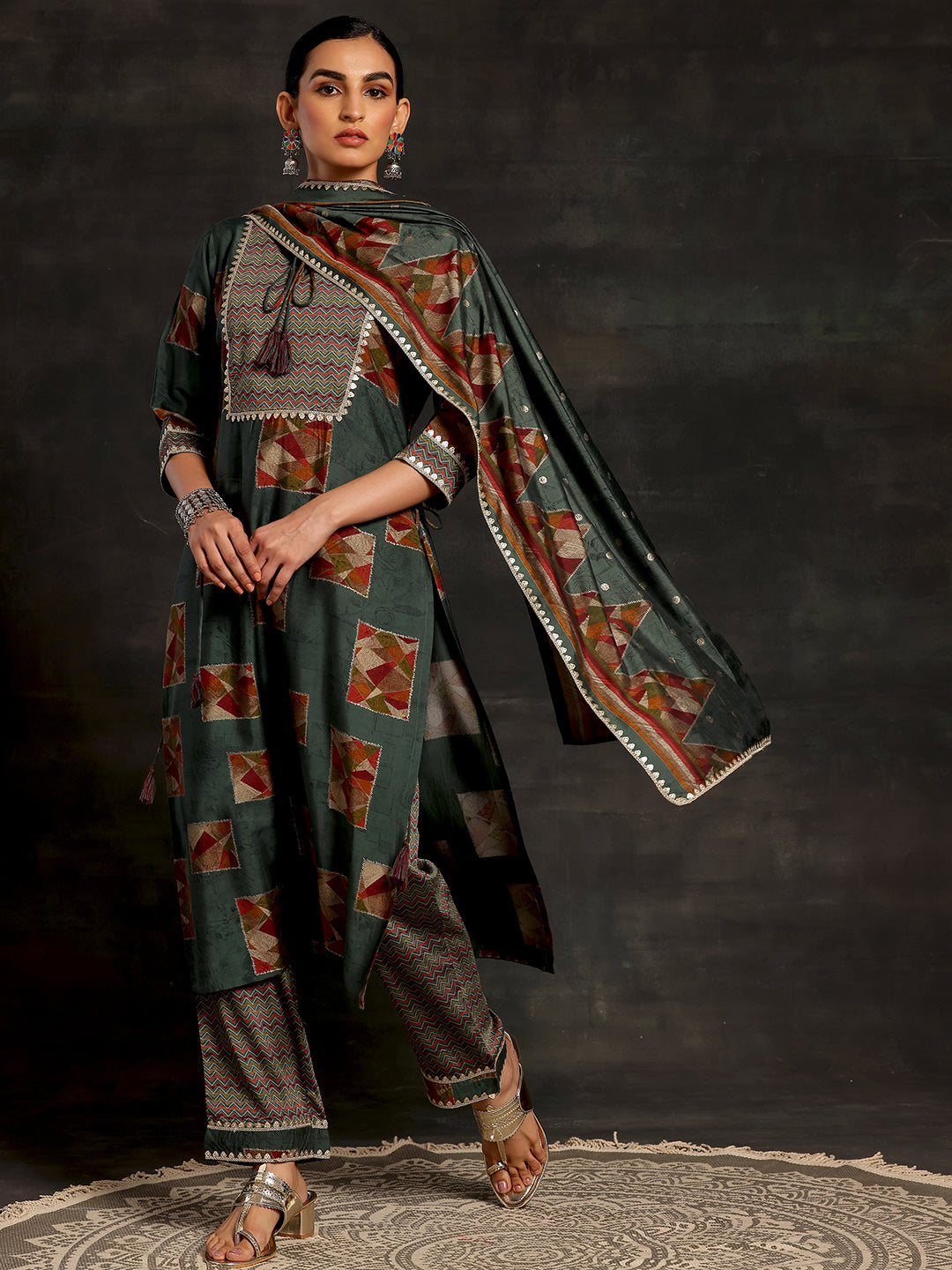 Green Printed Silk Blend Straight Suit With Dupatta